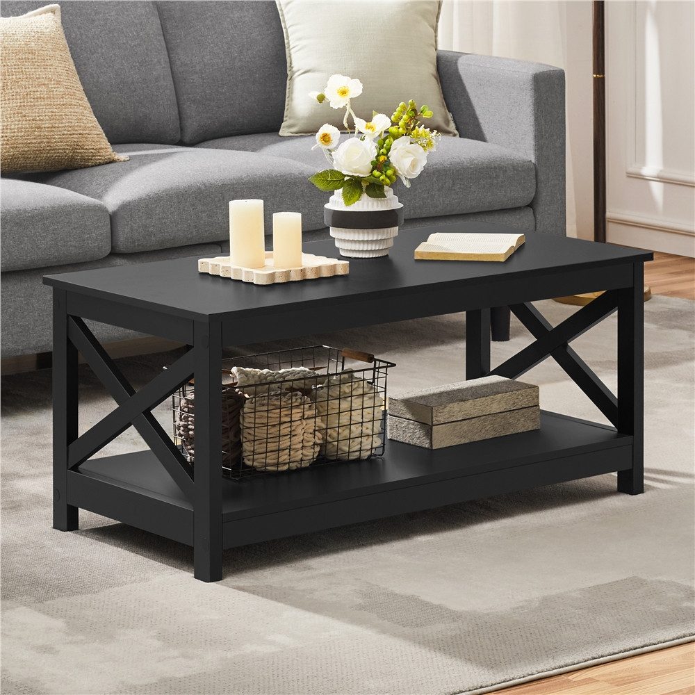 Yaheetech Couchtisch 100 × 50 × 45 cm, 2-Stufiger Wohnzimmertisch Kaffeetisch mit großer Ablage