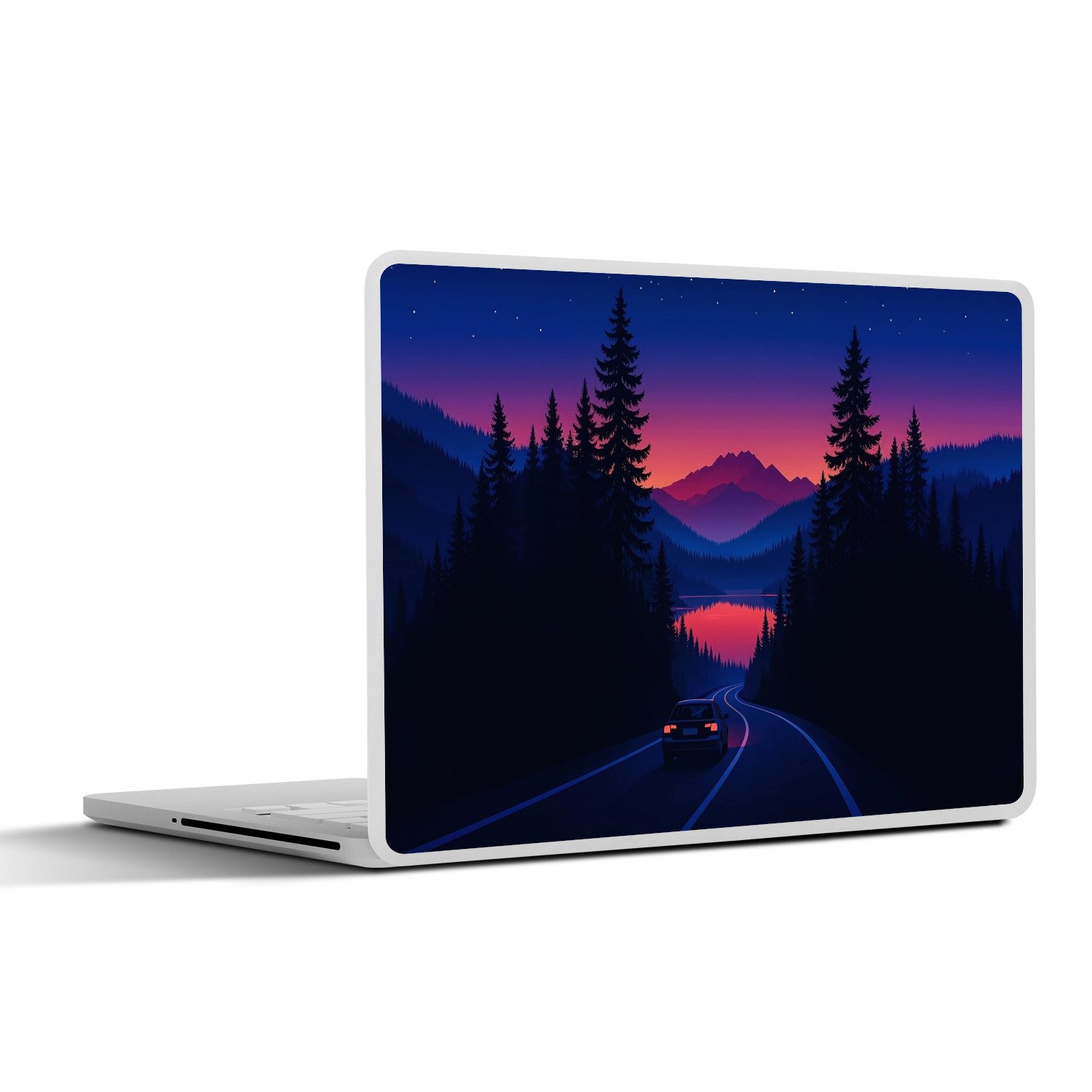 MuchoWow Laptop-Aufkleber Auto - Dunkle Kiefern - Sonnenuntergang, (1tlg), Laptop Folien Cover, Aufkleber, Sticker, Schutz vor Kratzern, 25x18 cm