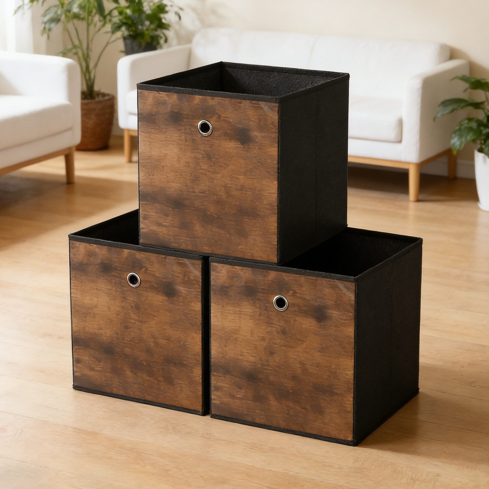 BlingBin Aufbewahrungsbox Langlebige Aufbewahrung Würfel Bin Organizer für Kleidung (3 Stück, 3 St., 30*30*30 cm), aus Stoff, Holzoptik, Griffloch, Faltbare Regalboxen