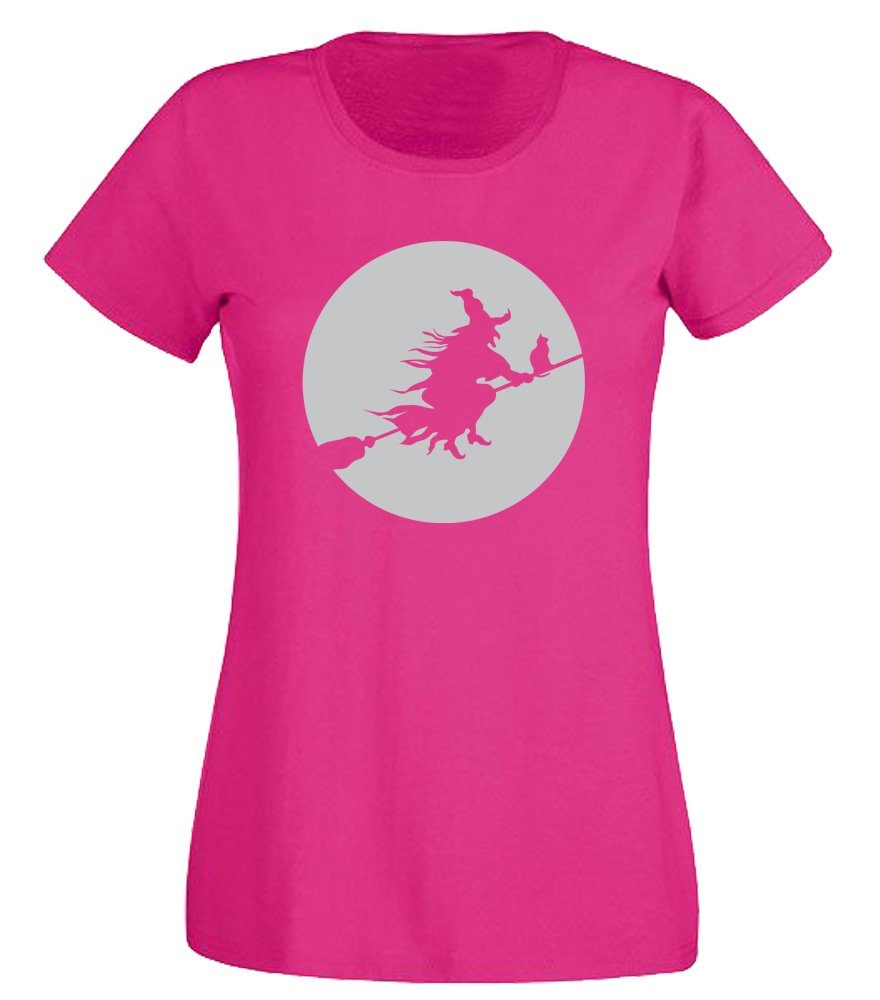 G-graphics T-Shirt Hexe auf dem Besen Slim-fit- Damen T-Shirt mit Frontprint-Motiv zu Halloween