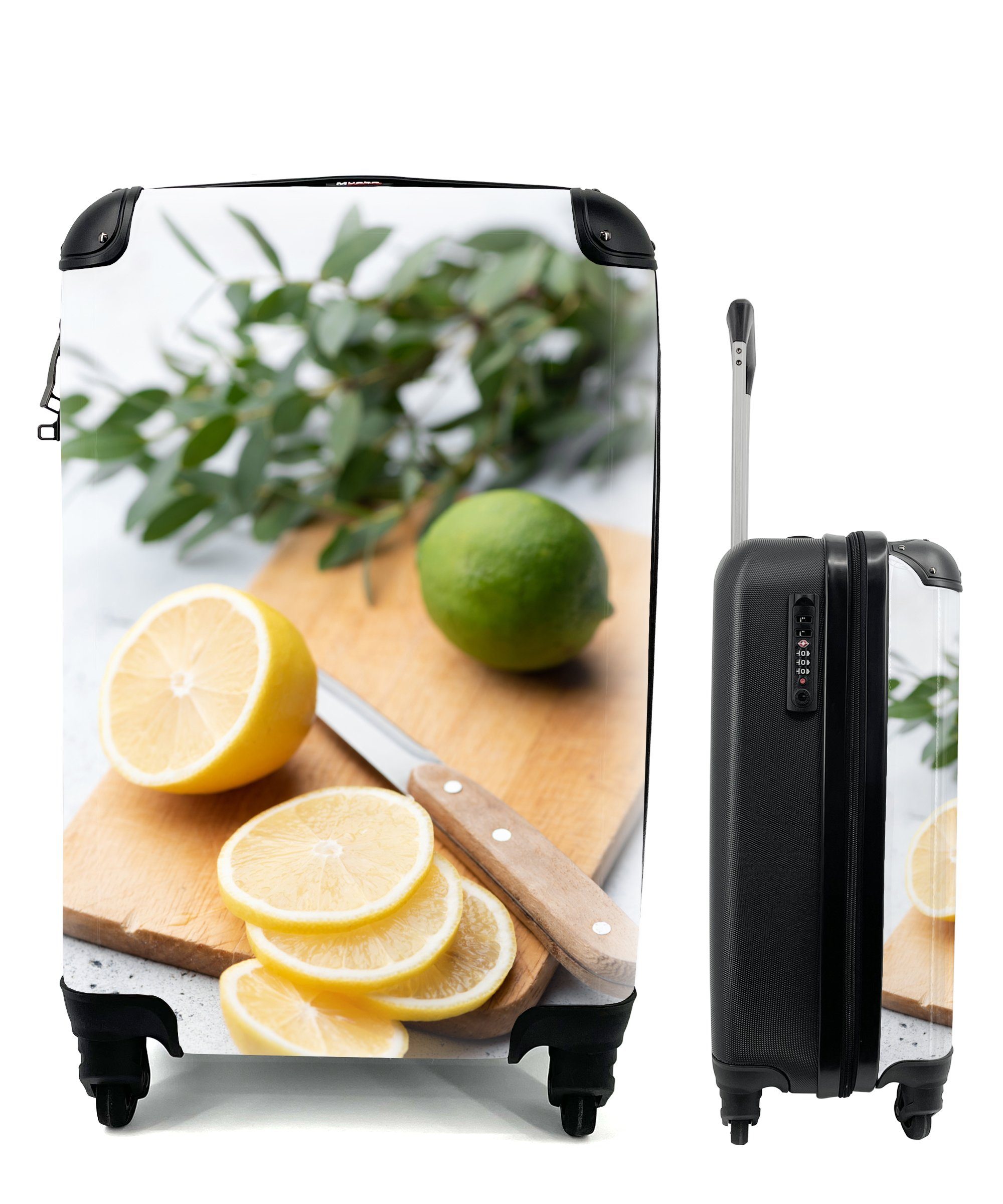 MuchoWow Handgepäckkoffer Eine in Scheiben geschnittene Zitrone auf einem hölzernen, 4 Rollen, Reisetasche mit rollen, Handgepäck für Ferien, Trolley, Reisekoffer