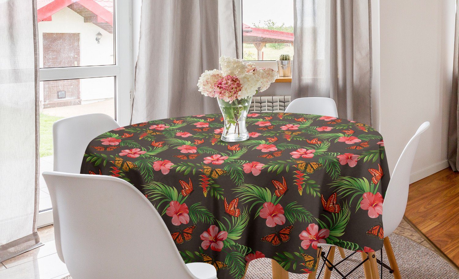 Abakuhaus Tischdecke Kreis Tischdecke Abdeckung für Esszimmer Küche Dekoration, Tropisch Exotische Flourishes Flies