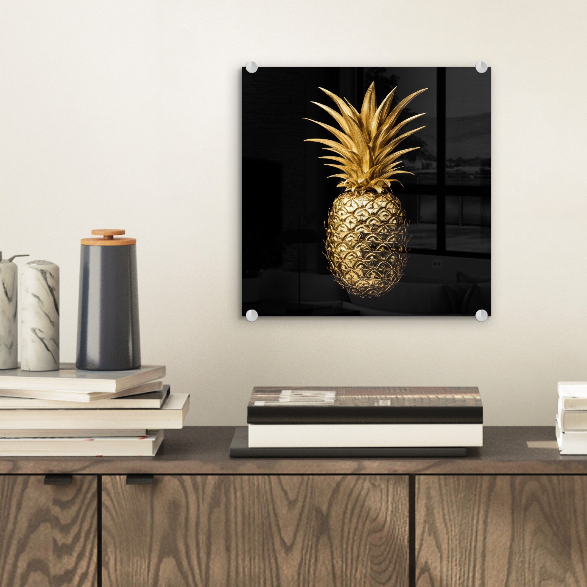 MuchoWow Acrylglasbild Ananas - Schwarz - Gold - Luxus, Inkl. Aufhängung, Bilder auf Glas Wandbild, Wanddeko Wohnzimmer Badezimmer, 20x20 cm – Bild 2 von 5