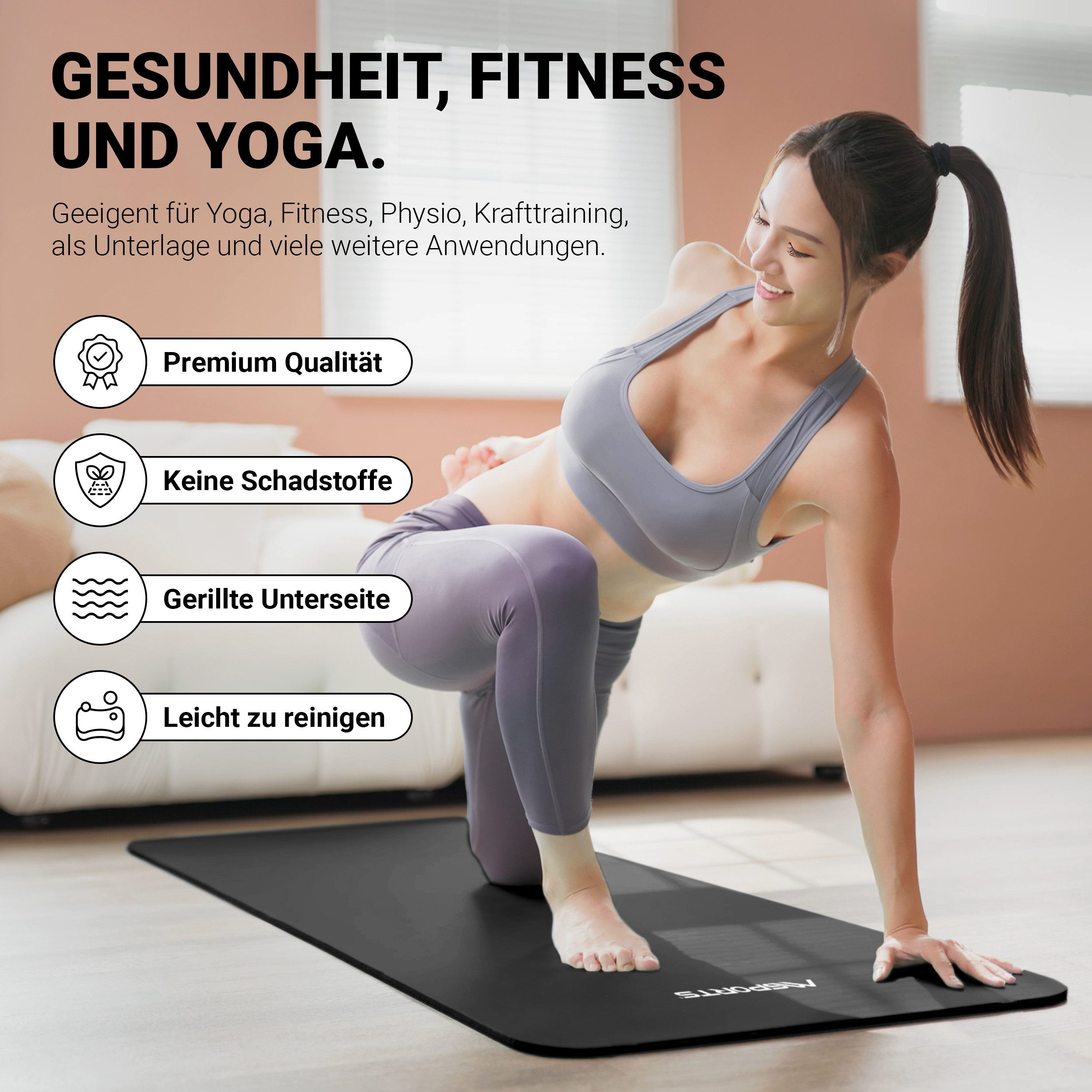 MSports® Gymnastikmatte Yogamatte inkl. Tragegurt + Poster + Workout App
