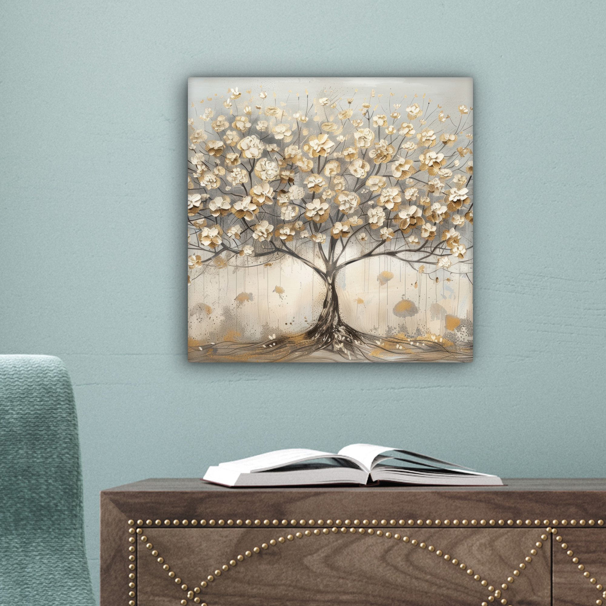 OneMillionCanvasses® Leinwandbild Baum - Beige - Gold - Farben Optik - Grau, Fotodruck (1 St), Wandbild, Deko Schlafzimmer Wohnzimmer Flur 20x20 cm