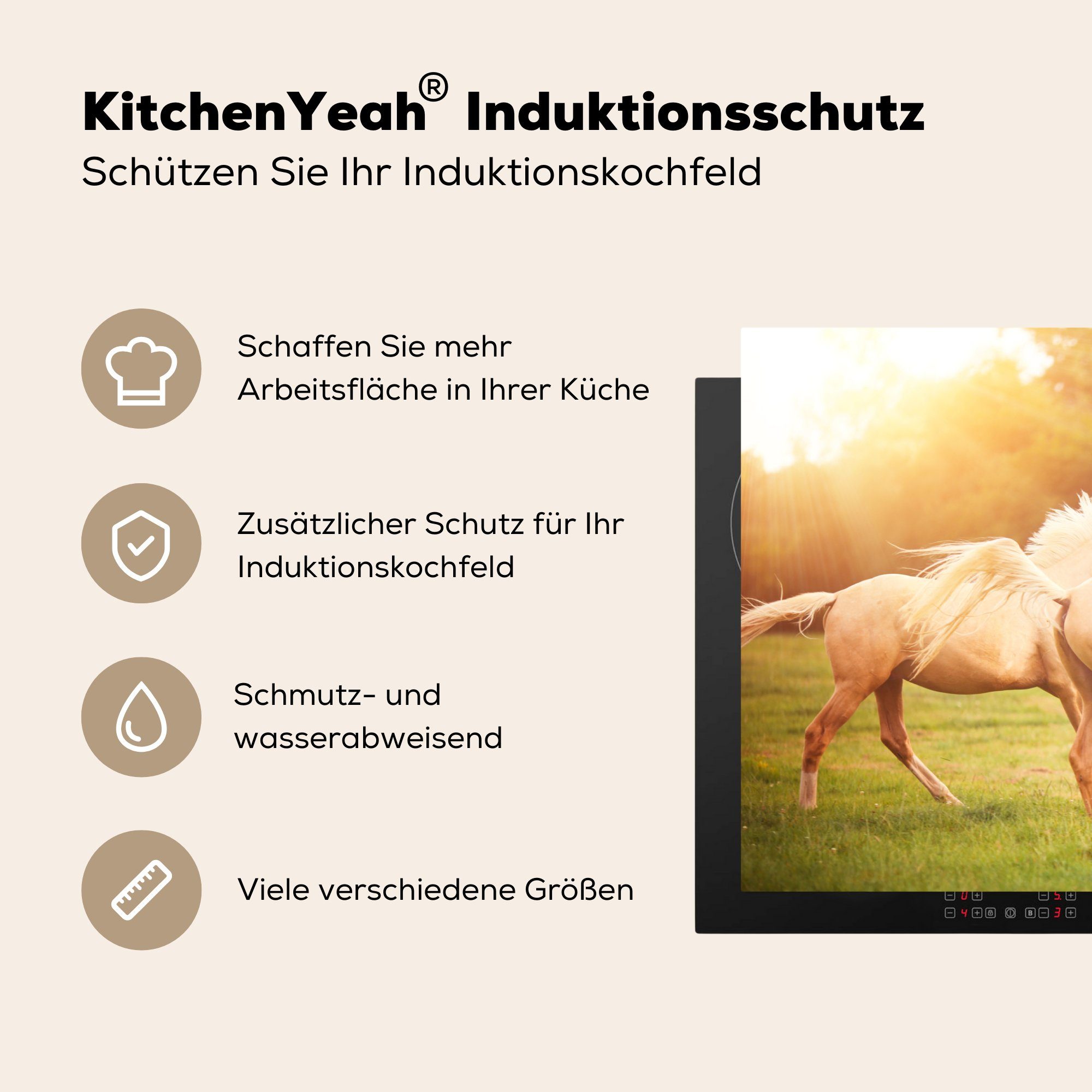 Sonne, für cm, tlg), Vinyl, 81x52 die Pferde küche, Induktionskochfeld Herdblende-/Abdeckplatte Schutz MuchoWow - Ceranfeldabdeckung (1 - Gras