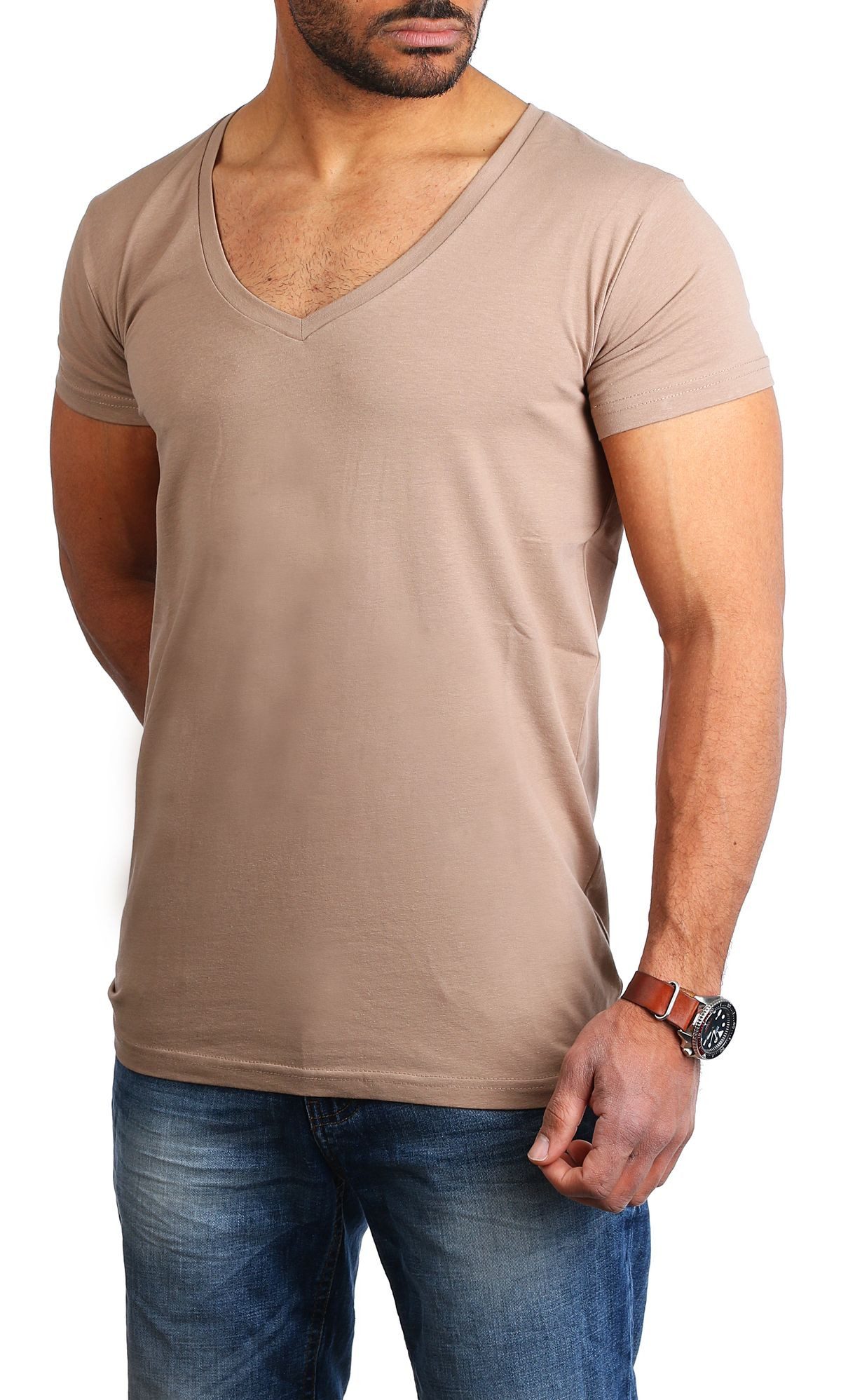 Young & Rich T-Shirt Herren Uni Basic extra tiefer Ausschnitt Unterziehshirt 1315 V-Ausschnitt unifarben kurzarm slim fit