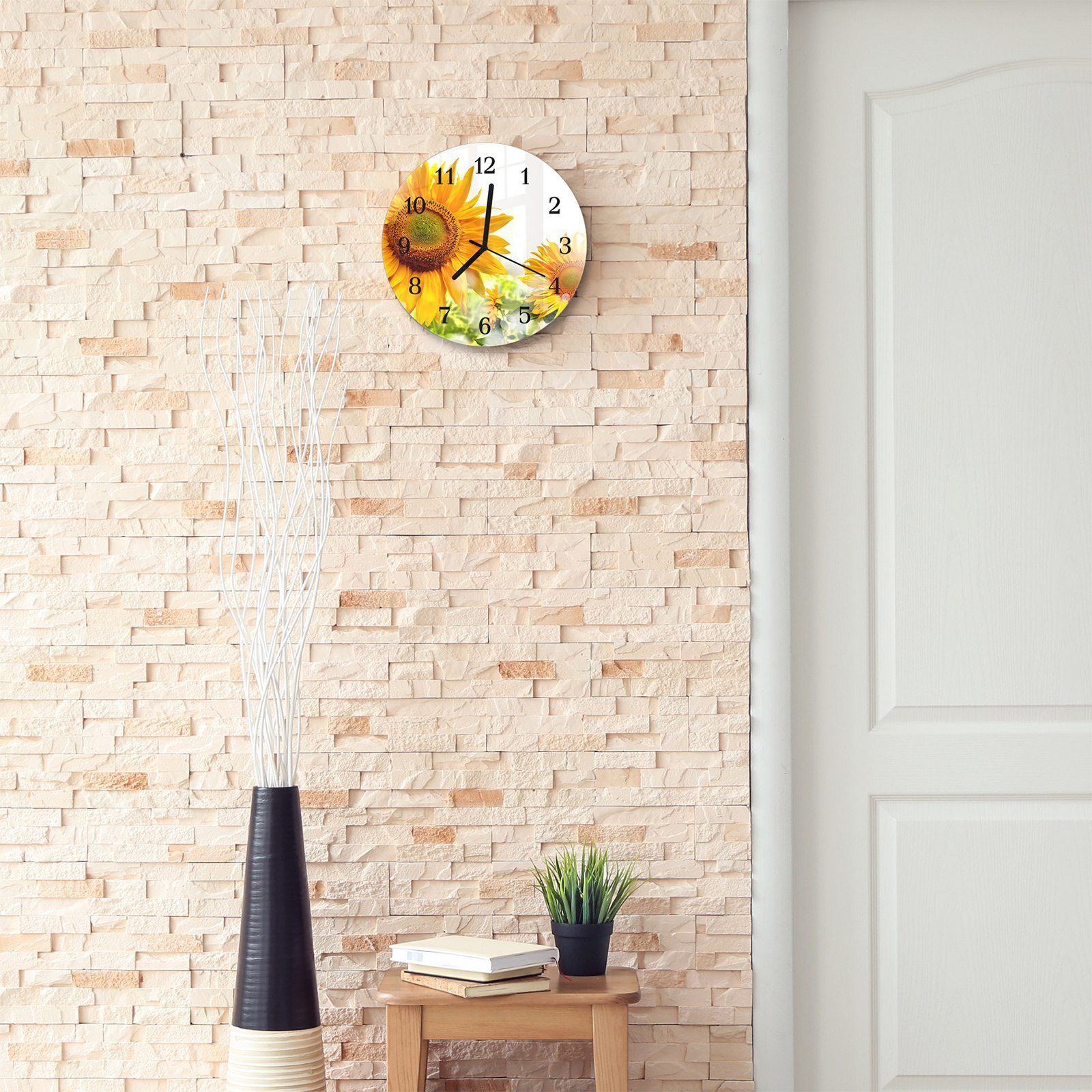 30 aus - cm und mit Rund Sonnenblumen Primedeco Durchmesser Motiv mit Glas Wanduhr Quarzuhrwerk Wanduhr