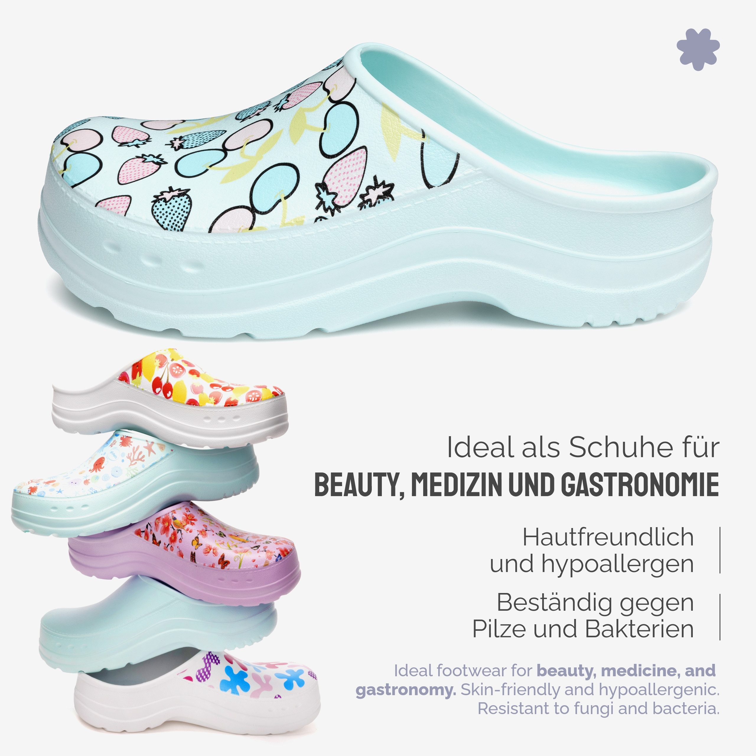 Ladeheid Gartenclogs für Damen Ultraleicht EVA Gemustert Gartenschuhe LA-CA-27 Clog (39 EU, Aquablau/Fruchtmotiv2) Wasserdicht & Flexibel – Bild 5 von 5
