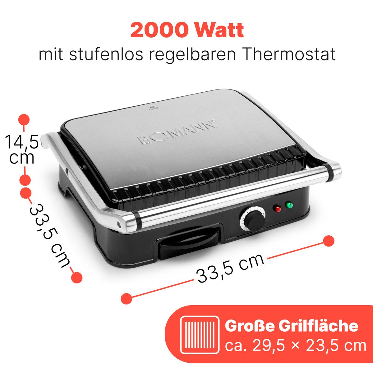 BOMANN Kontaktgrill KG 2242 CB, Kontaktgrill, beidseitiges Grillen, 2000W – Bild 4 von 5