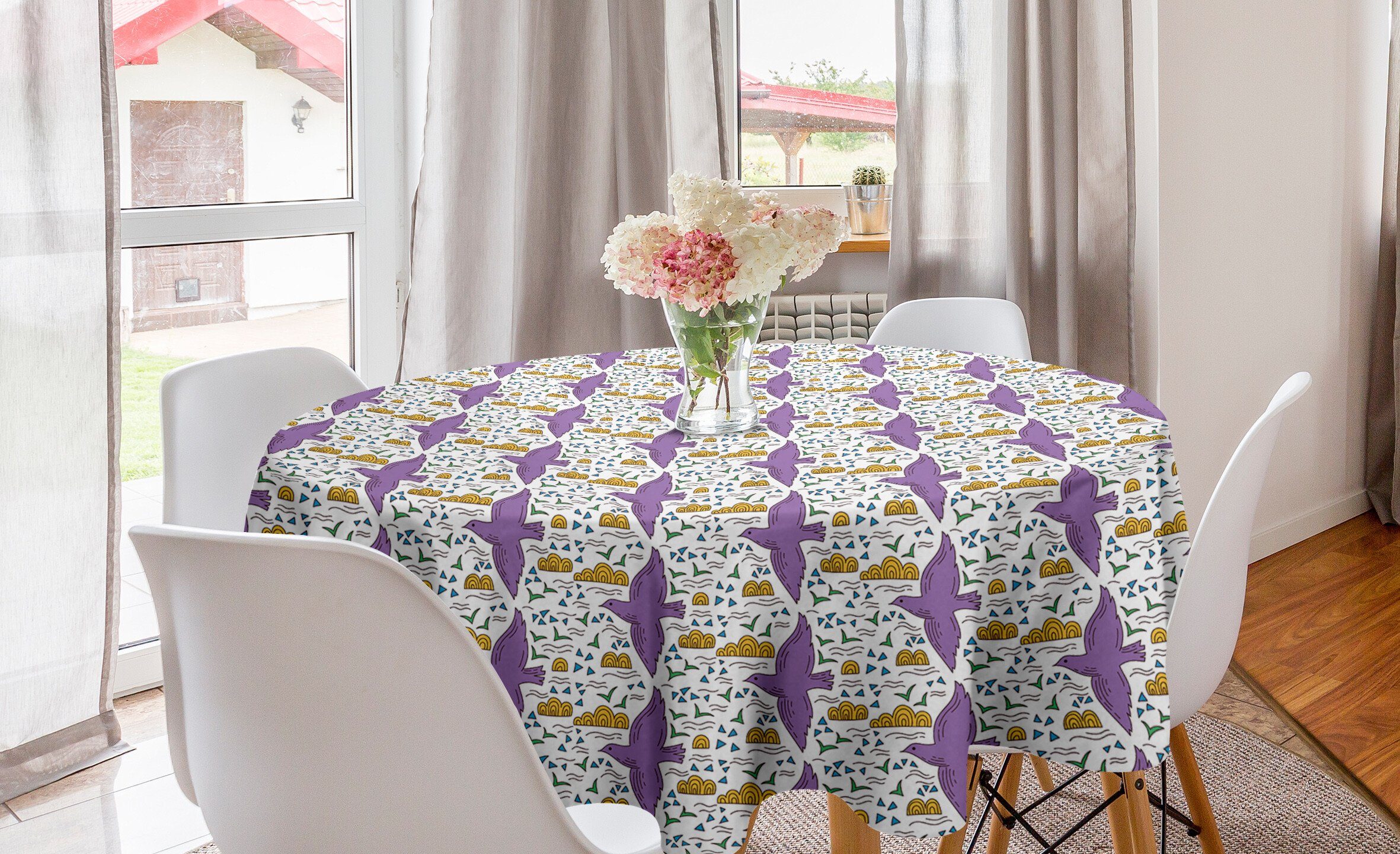 Dekoration, Lila Tischdecke Abdeckung Abakuhaus Kindisch für Tauben Kreis Vögel Küche Zeichnung Esszimmer Tischdecke
