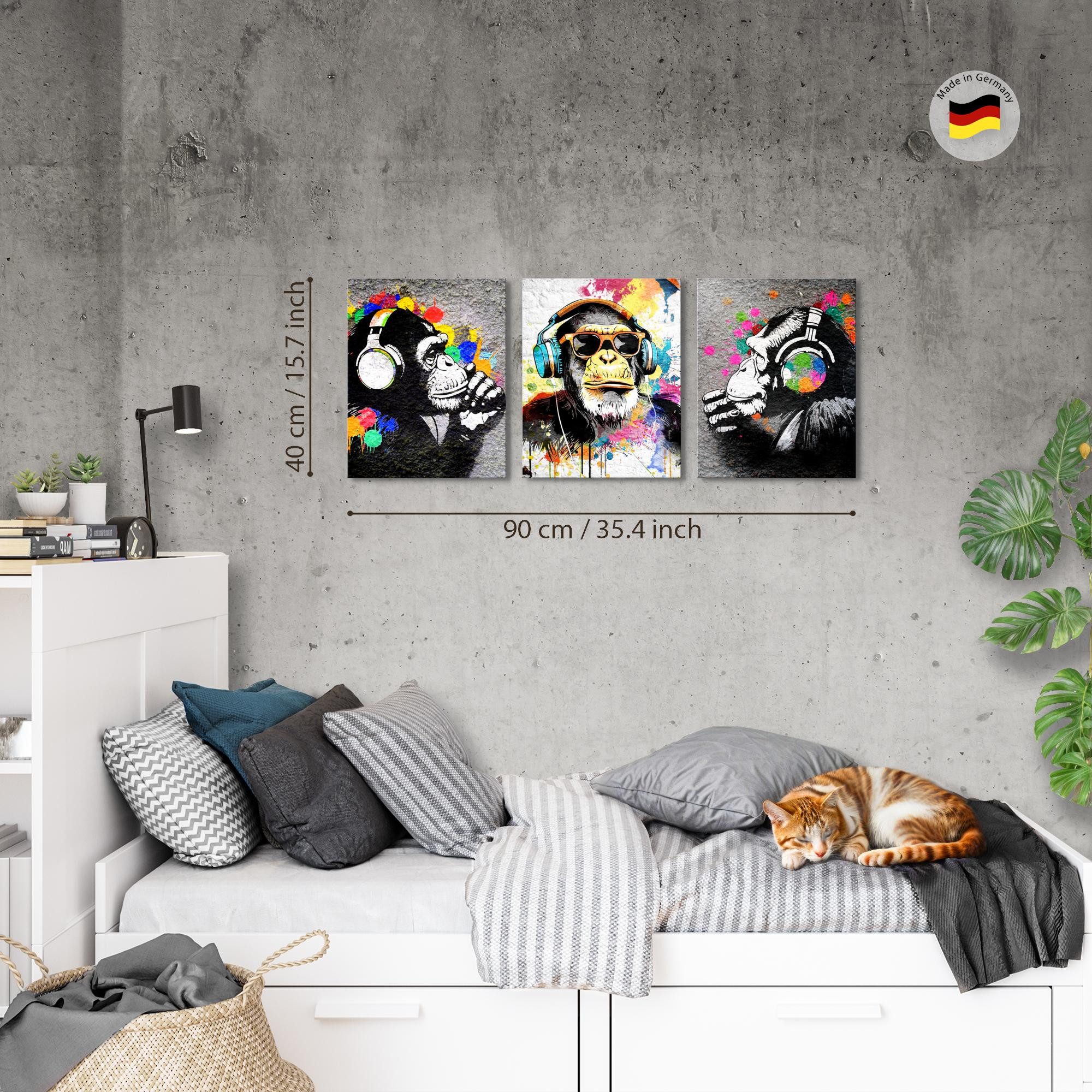 Novart Wandbild Set Banksy Style Collage 3 Bilder Wohnzimmer Streetart, Affe mit Kopfhörer – Bild 2 von 5