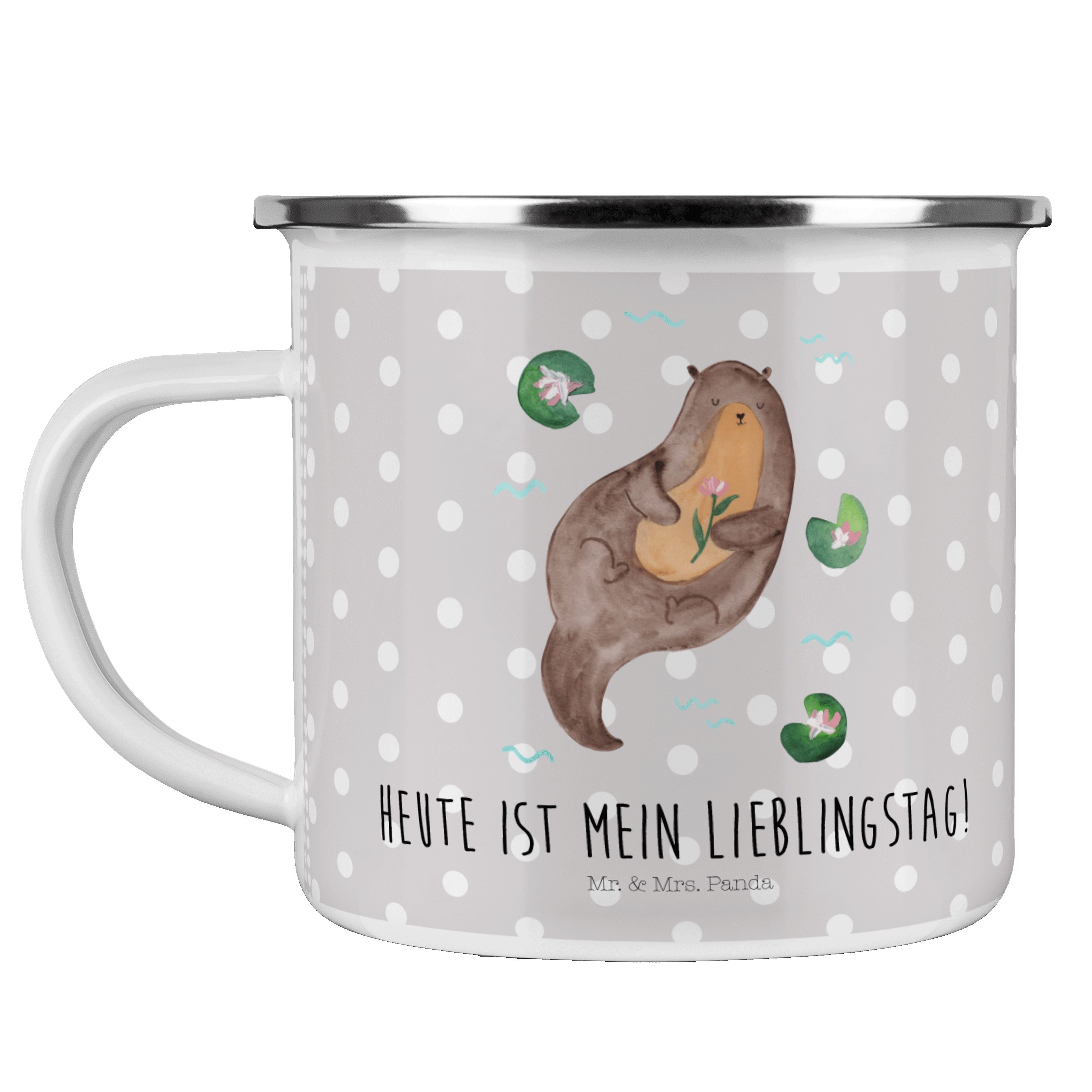 Mr. & Mrs. Panda Becher Otter mit Seerose - Grau Pastell - Geschenk, Emaille Campingbecher, E, Emaille