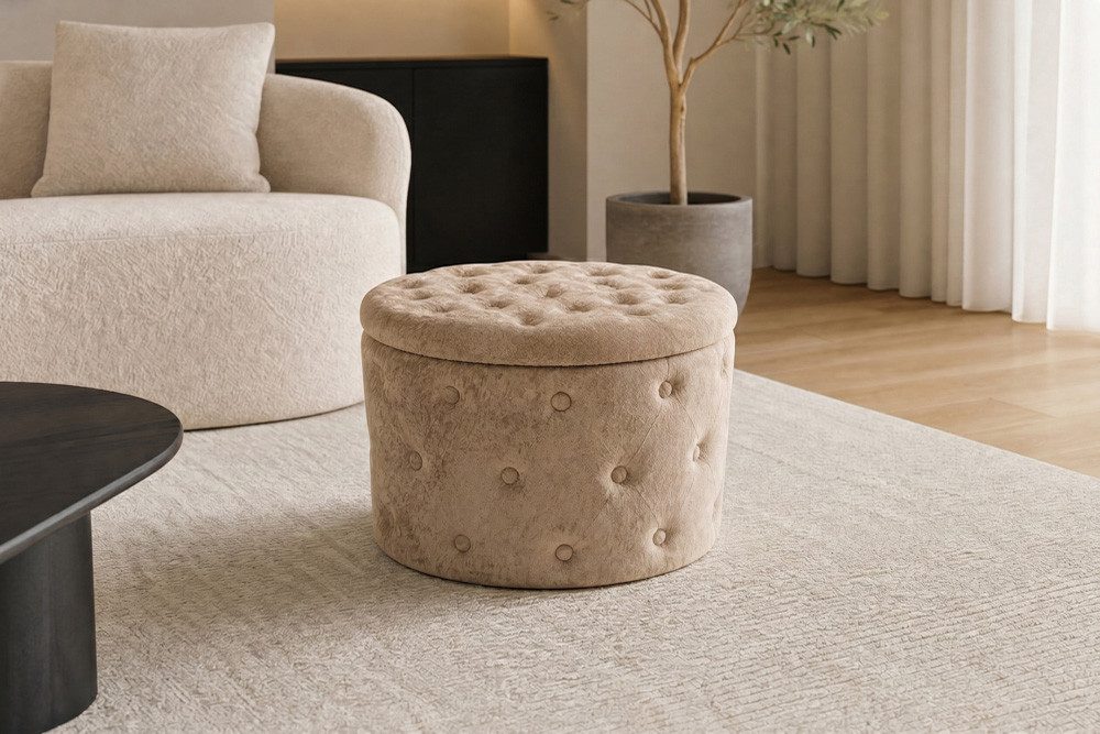 riess-ambiente Sitzhocker MODERN BAROCK 60cm champagner greige - Bouclé, mit Stauraum, Barock (Einzelartikel, 1 St), Eleganter Sitz - ideal für Ankleide, Flur, Wohnzimmer & Garderobe