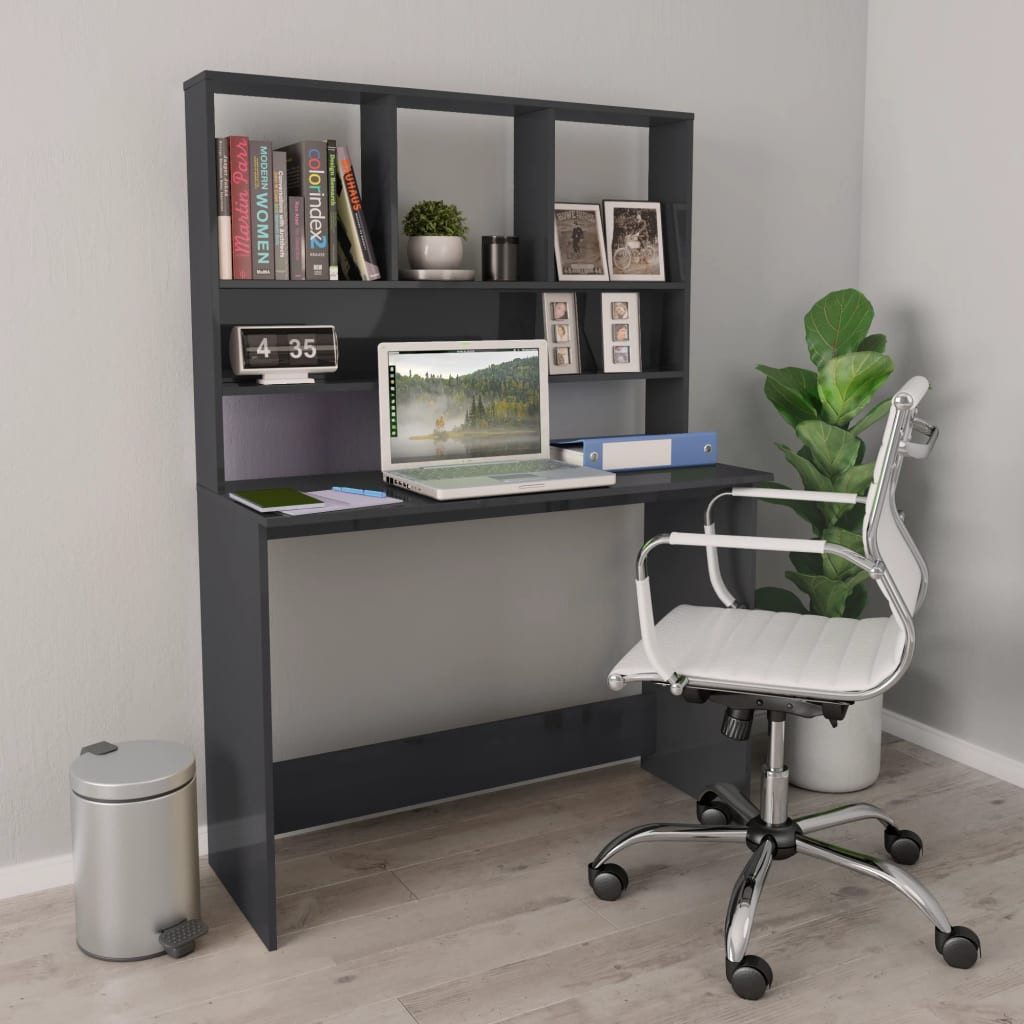 furnicato Schreibtisch mit Regalen Hochglanz-Grau 110x45x157 cm (1-St), Platzsparender Arbeitstisch mit Oberschrank und viel Stauraum im Büro
