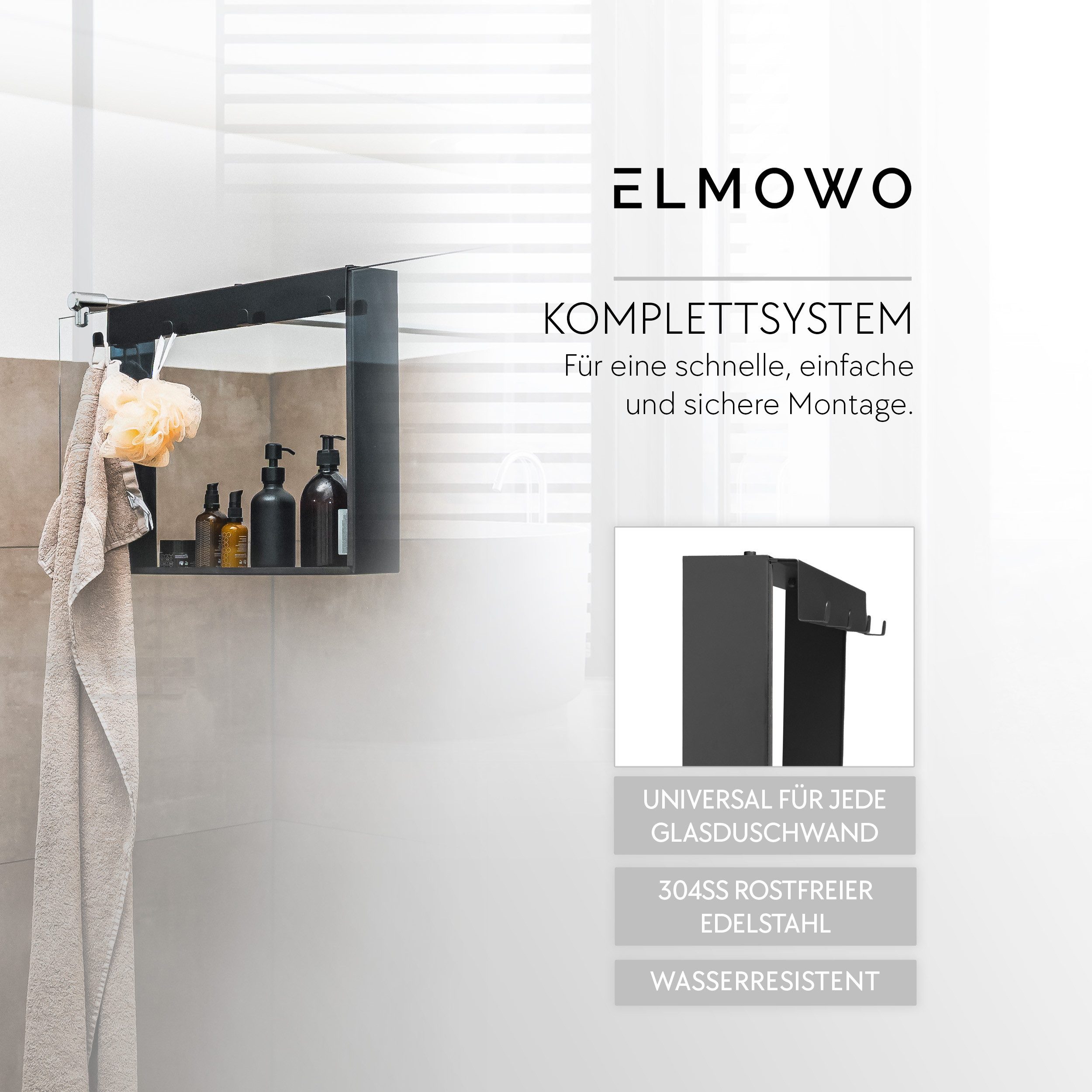 ELMOWO Duschablage zum Hängen für Glastür in Schwarz - Edelstahl Ablage für die Dusche, für jede Glasduschwand, Duschregal bis zu 3 cm verstellbar