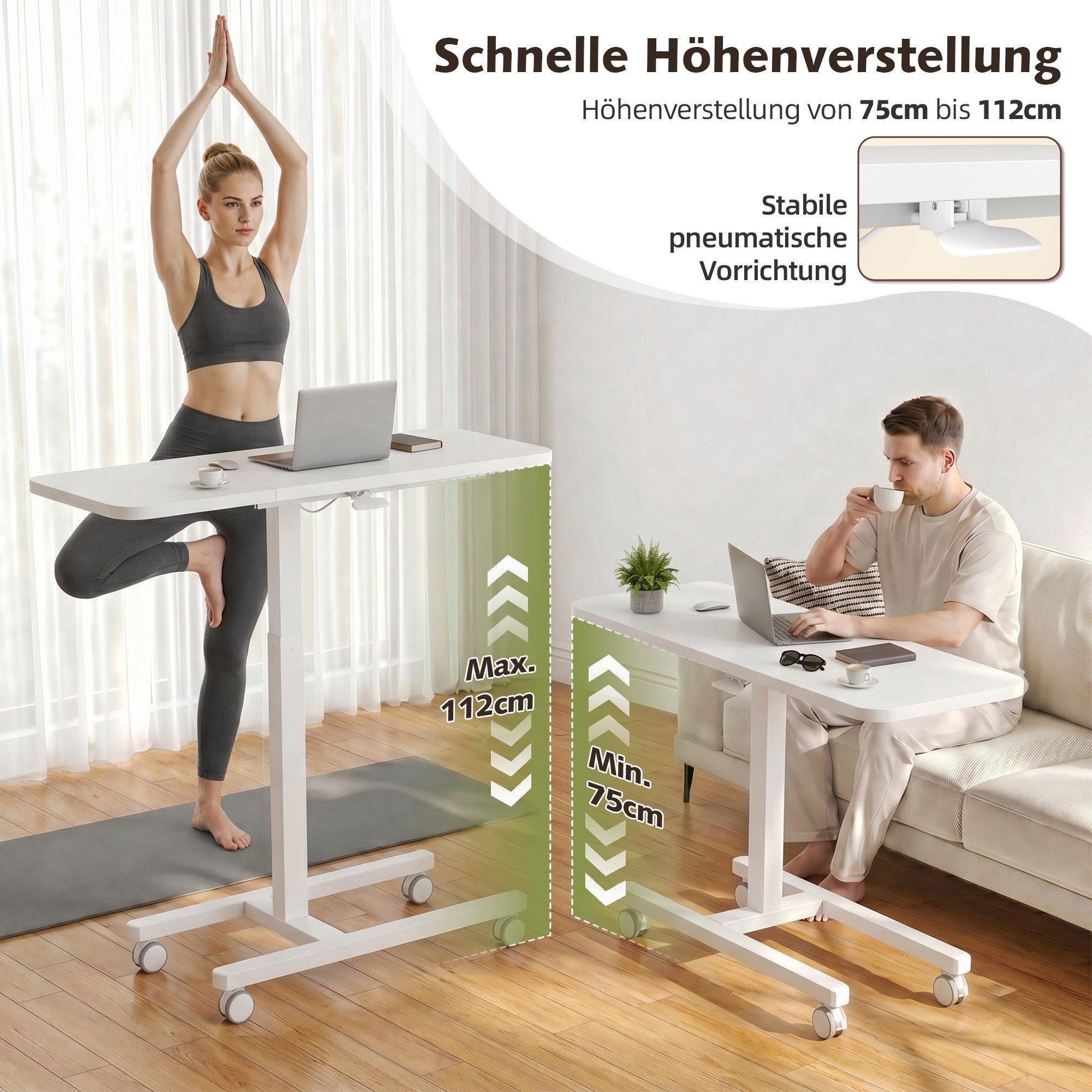 Klyvvo Schreibtisch Höhenverstellbarer, stabil C förmiger Laptoptisch, mobiler Sofatisch (1-St), 100cm Großer Platte, Rollen mit Feststellbremsen – Bild 4 von 5