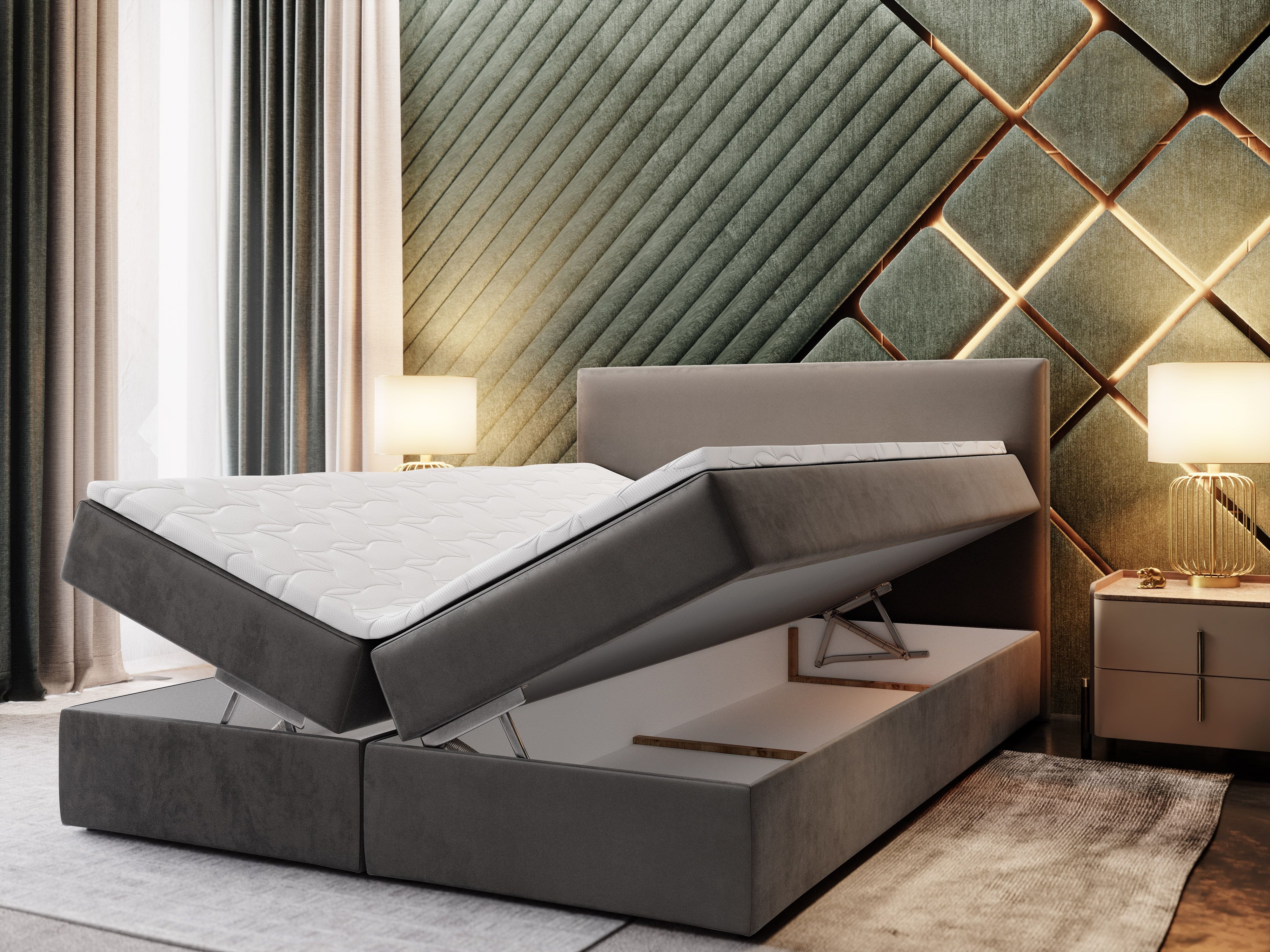 Masseno Boxbett LENTE 140x200 cm mit Bonell Matratze und Topper, Doppelbett, Polsterbett mit Kopfteil, Boxspringbett