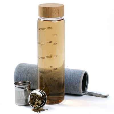 Penelife Isolierflasche Teeflasche mit Sieb to go 1l Trinkflasche mit Edelstahl Sieb, Borosilikatglas, 1 Liter Volumen