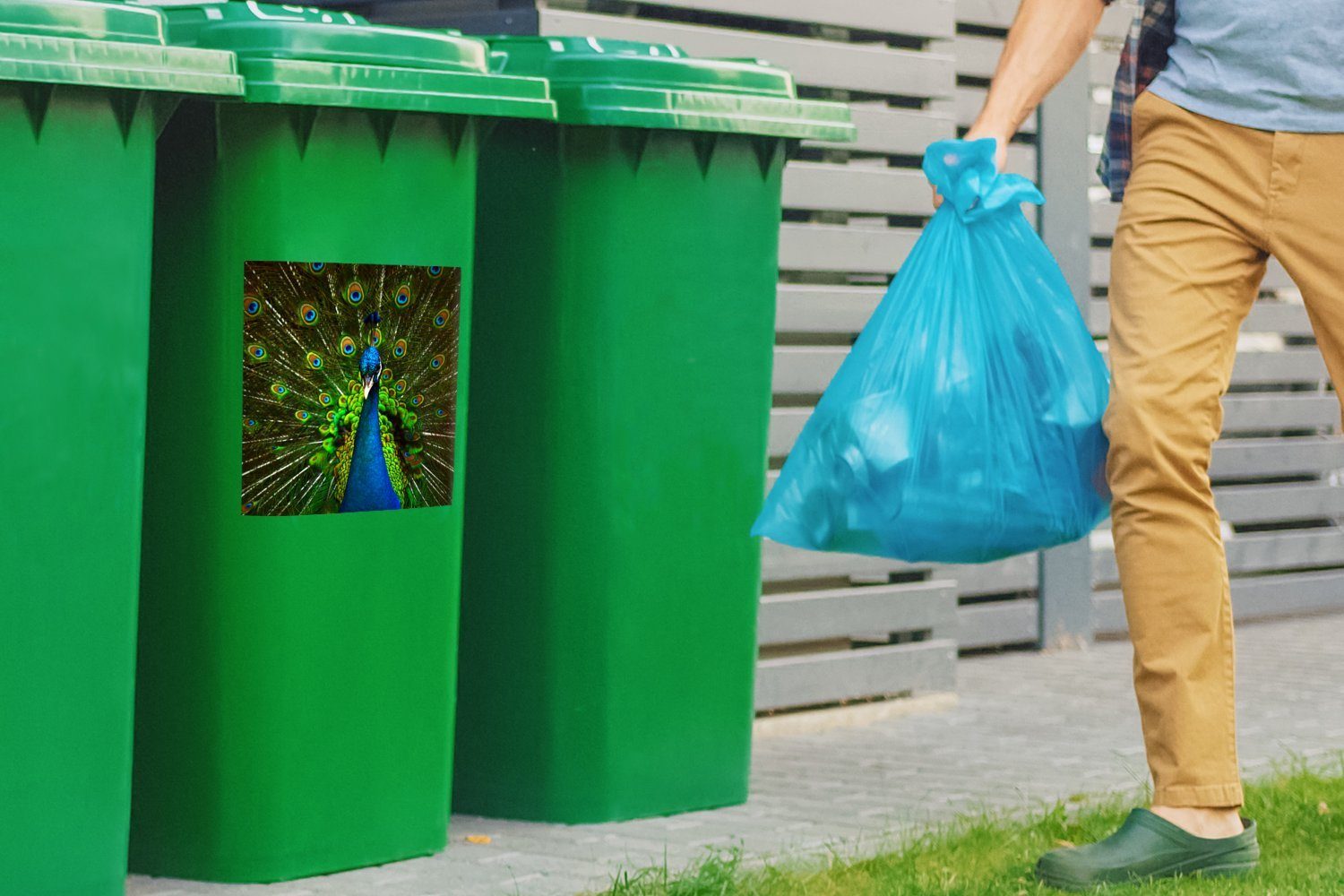Container, Mülltonne, Federn - (1 Mülleimer-aufkleber, MuchoWow - Pfau Blau St), Wandsticker - Muster Abfalbehälter Sticker,