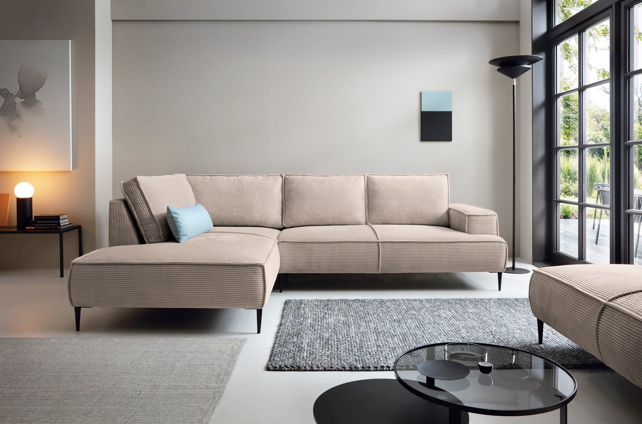 Goldstoff Ecksofa Cord VESPA L Beige – großes Wohnlandschaft Sofa L-Form, Großzügige Sitzfläche