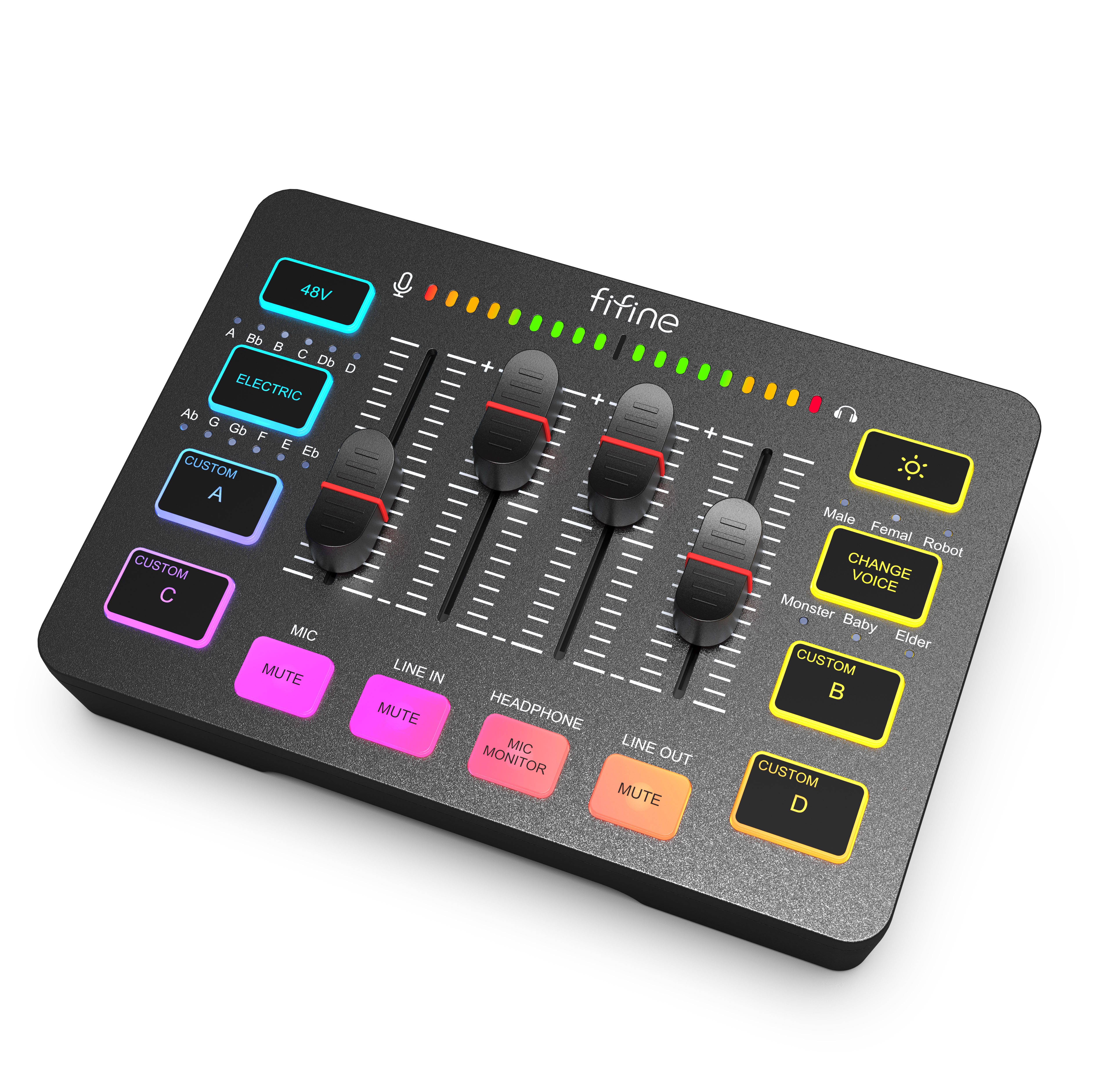 FIFINE Mischpult Mischpult Gaming Audio Mixer, Streaming PC Mixer für Podcast, Gesang, individuelle Steuerung, Stummschaltungstaste, 48V Phantomspeisung