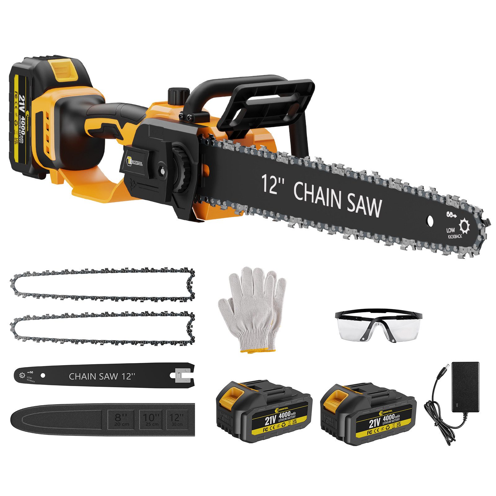 CONENTOOL Akku-Kettensäge 12 Zoll (30,5cm), 21V Brushless, 30,5 cm Schwertlänge, 1000W, 2x4,0Ah Akkus, inkl. Ladegeraet & Zubehoer