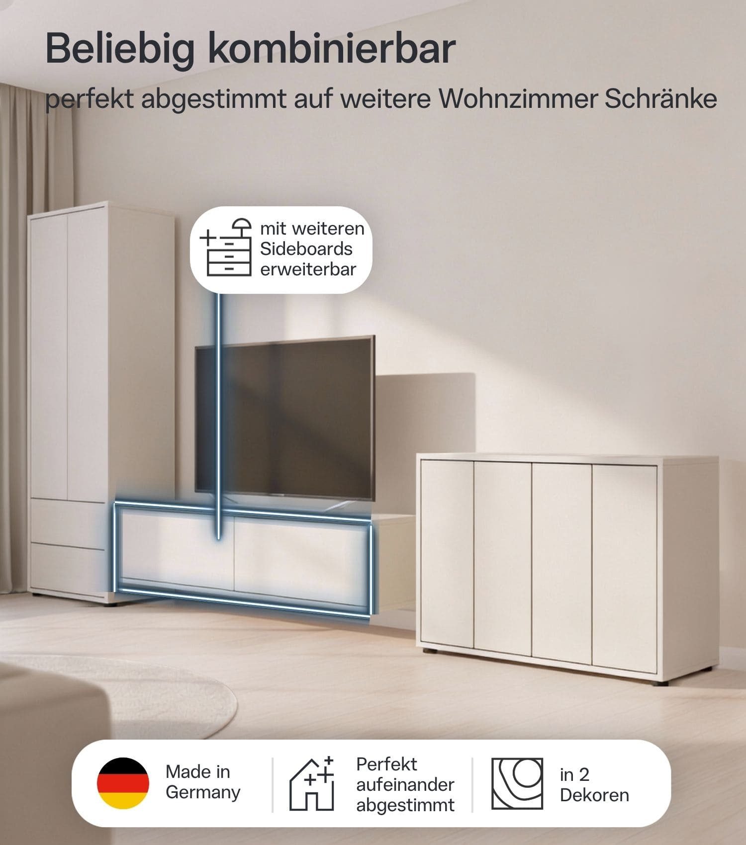 mokebo Sideboard 'Stage' Holz Lowboard TV-Schrank Push-to-Open Türen 160cm (160x36 cm, mit Einlegeböden), Made in Germany, TV-Board Beige, Fernsehschrank, Schra – Bild 4 von 5
