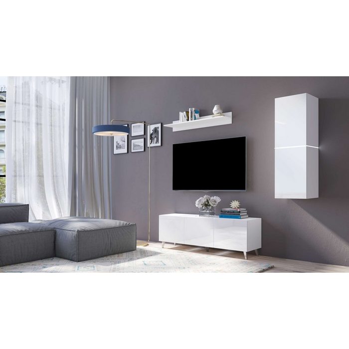 Stylefy Wohnwand Donta (Set (3-St) Wohnzimmer-Set) bestehend aus 1xWandboard 1xLowboard und 1xHängevitrine inkl. LED-Beleuchtung variabel hängbar