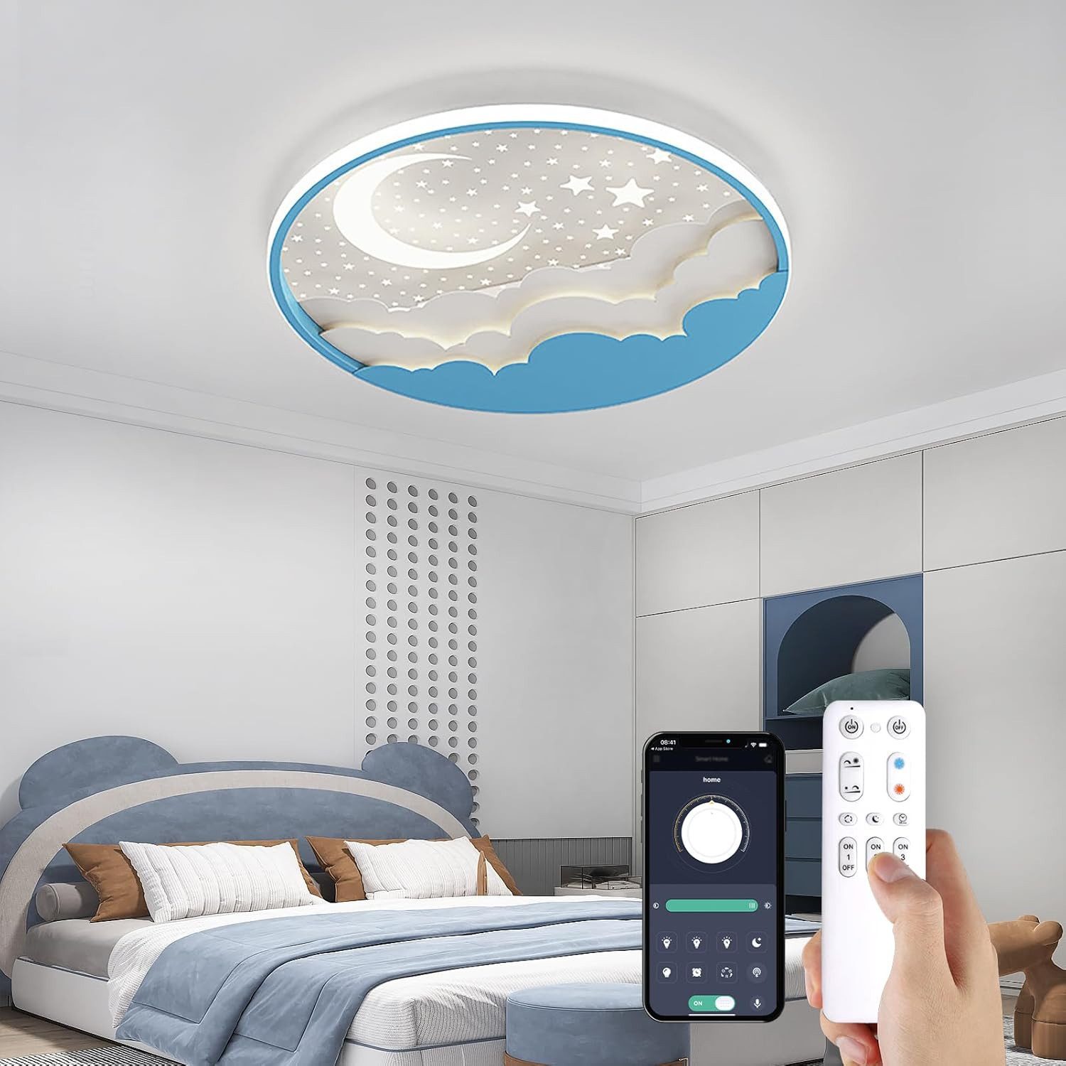RRBEST Deckenleuchte LED Kinder Deckenlampe, Stern Mond Deckenleuchte Mit Fernbedienung, Warm, Natural, Kalt, Kinderzimmer Dimmbar Deckenleuchten, Schlafzimmer Lampe