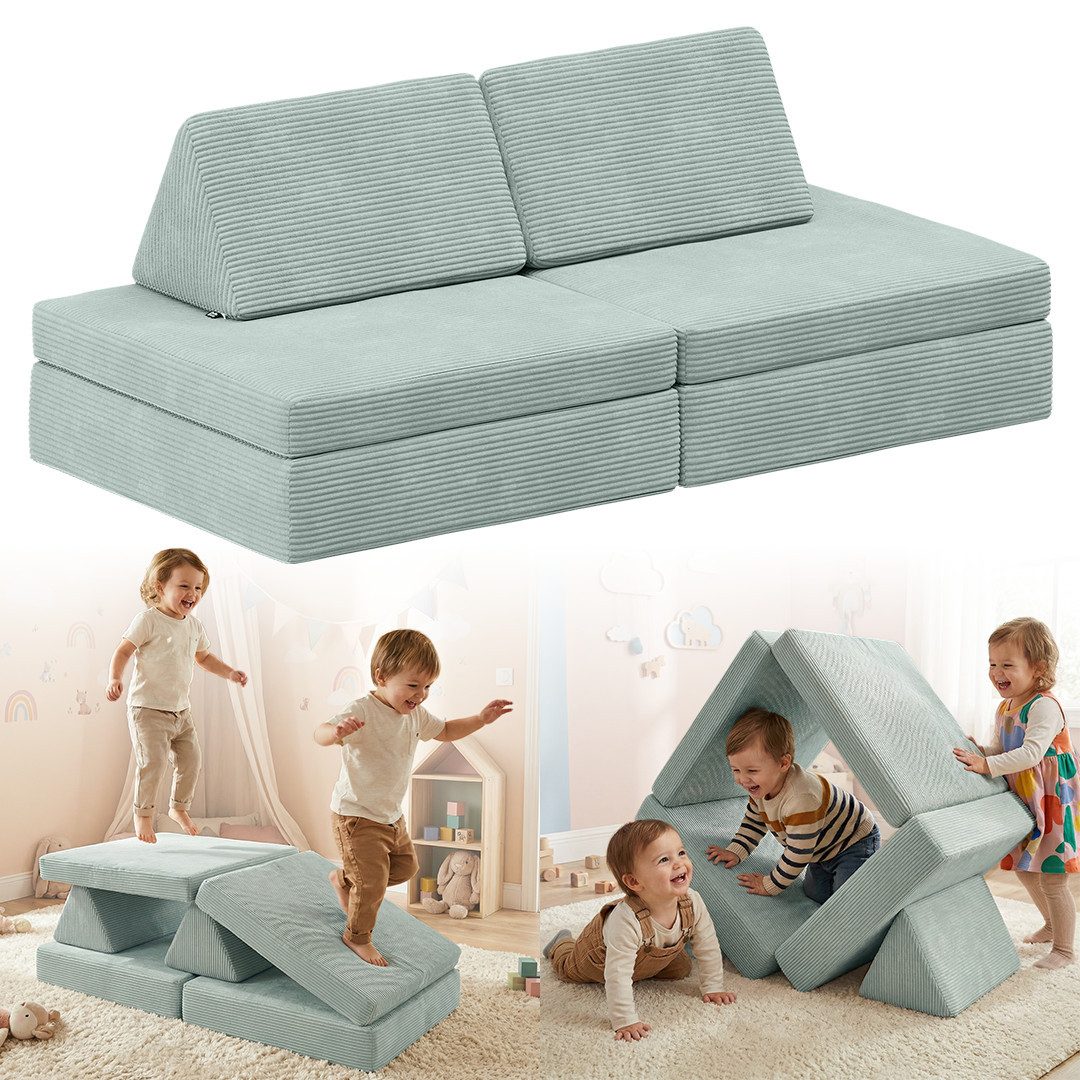 Bellabino Kindersofa Nile aus 4 Schaumstoff Teilen, Türkis, Mini-Variante für Kleinkinder, faltbare Kinderspielcouch, Cordbezug, abnehmbar, waschbar 130x48x65cm