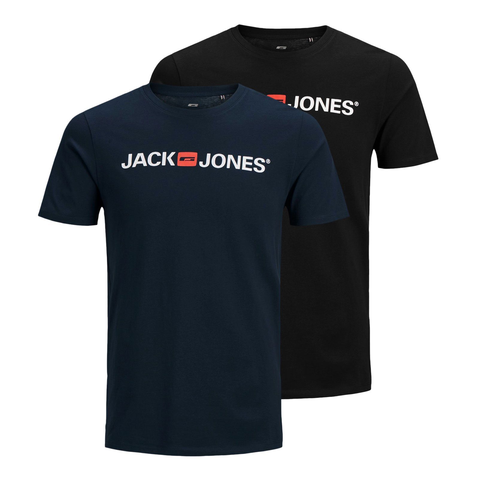 Jones Jack T-Shirt mit & black Tee Crew blazer Logo / Pack Neck navy 2er Markenschriftzug