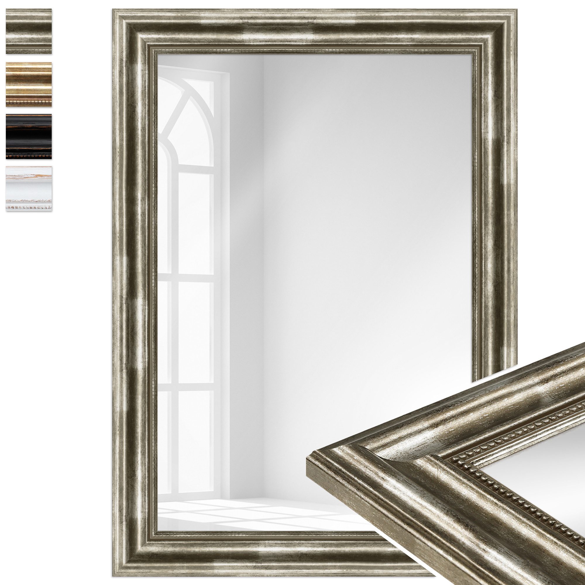 WANDStyle Wandspiegel H550, Vintage Spiegel Silber 50x70 cm, großer Wandspiegel Silber 50x70 Holz