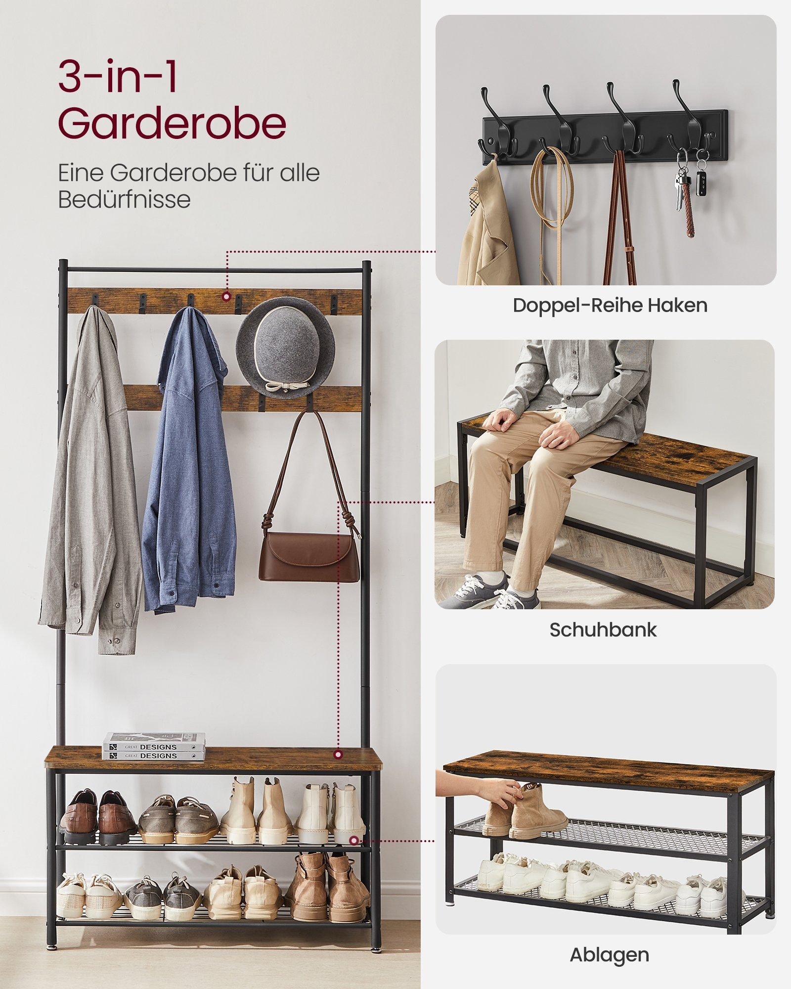 VASAGLE Garderobenständer Garderobe, Kleiderständer, mit Schuhbank, günstig online kaufen