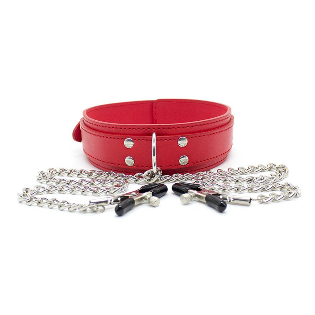 Erotik-Halsband Halsband Nippleklemmen mit Ketten Rot, PVC Packung, 1-tlg.