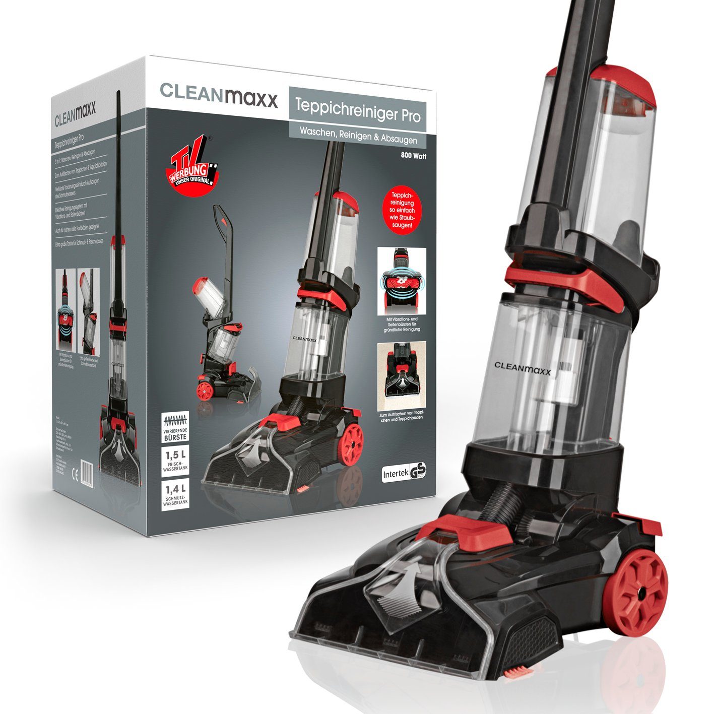 Vibrations- - schwarz/rot, Teppichreinigungsgerät Professional mit Seitenbürsten Teppich Teppichreiniger, CLEANmaxx und Shampoonierer, Waschsauger,