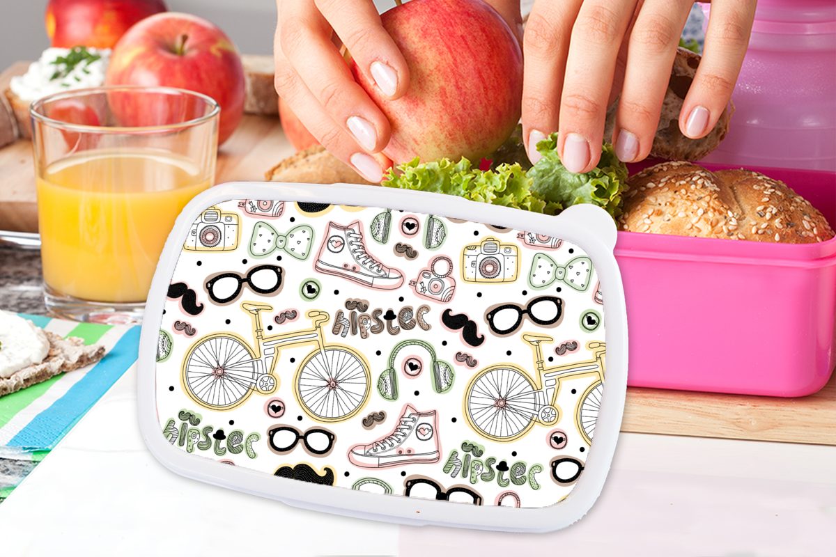 Brotdose Doodle Kopfhörer MuchoWow Kunststoff Kunststoff, Lunchbox rosa Kinder, Brotbox Muster, Snackbox, für Mädchen, Erwachsene, - - (2-tlg),