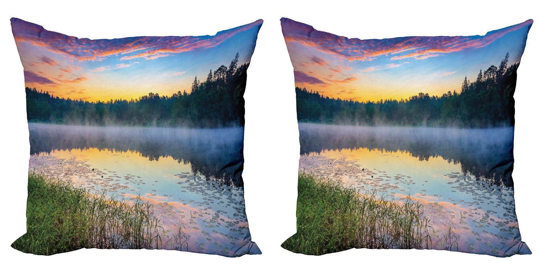 Stück), Doppelseitiger (2 See Sonnenuntergang Abakuhaus Kissenbezüge Modern lake Forest Accent Digitaldruck, Foggy am