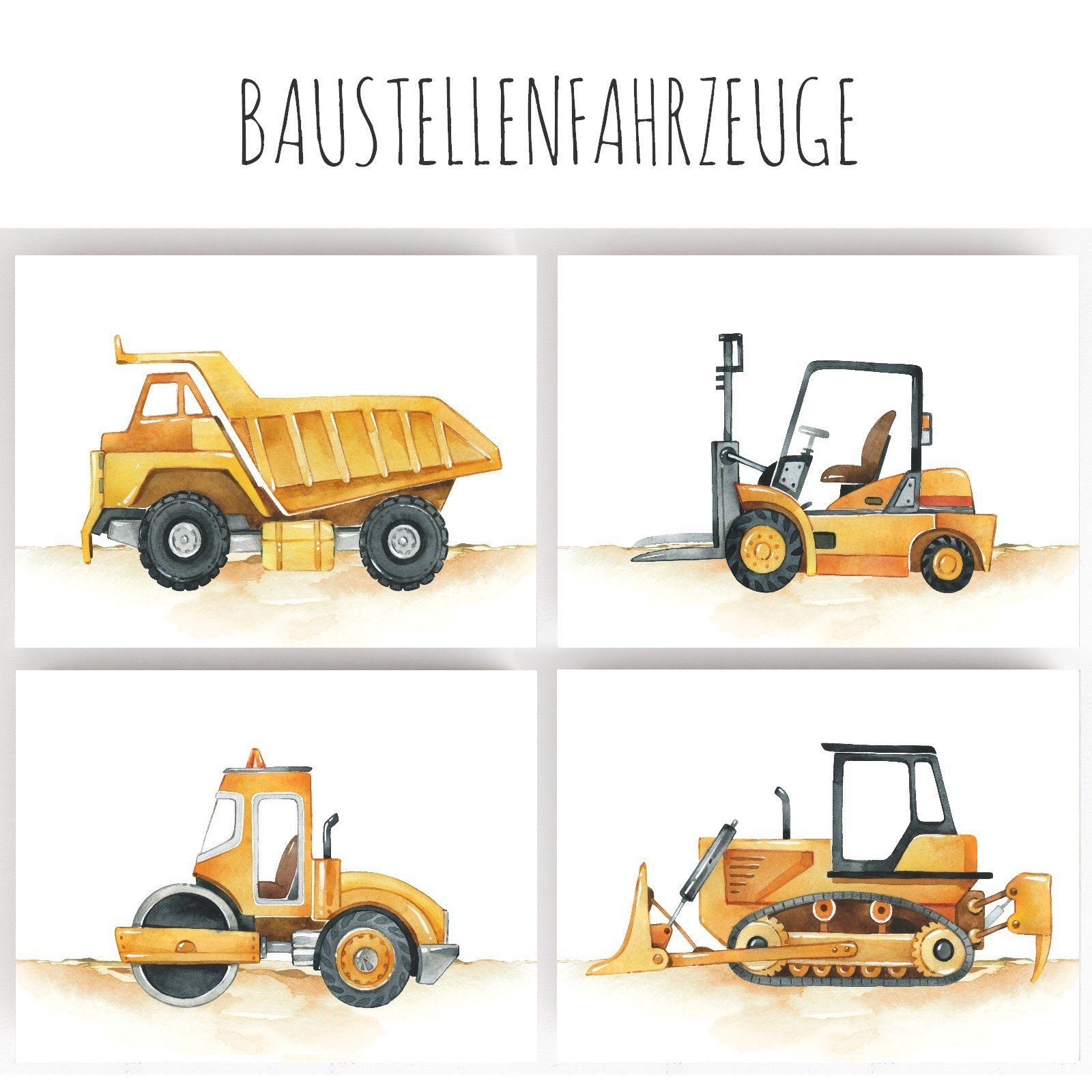homestyle-accessoires Плакат Kinderbilder Изображенияset BAUSTELLENFAHRZEUGE LKW 4er SET, - OHNE BILDERRAHMEN - Sorgfältige & sichere Verpackung