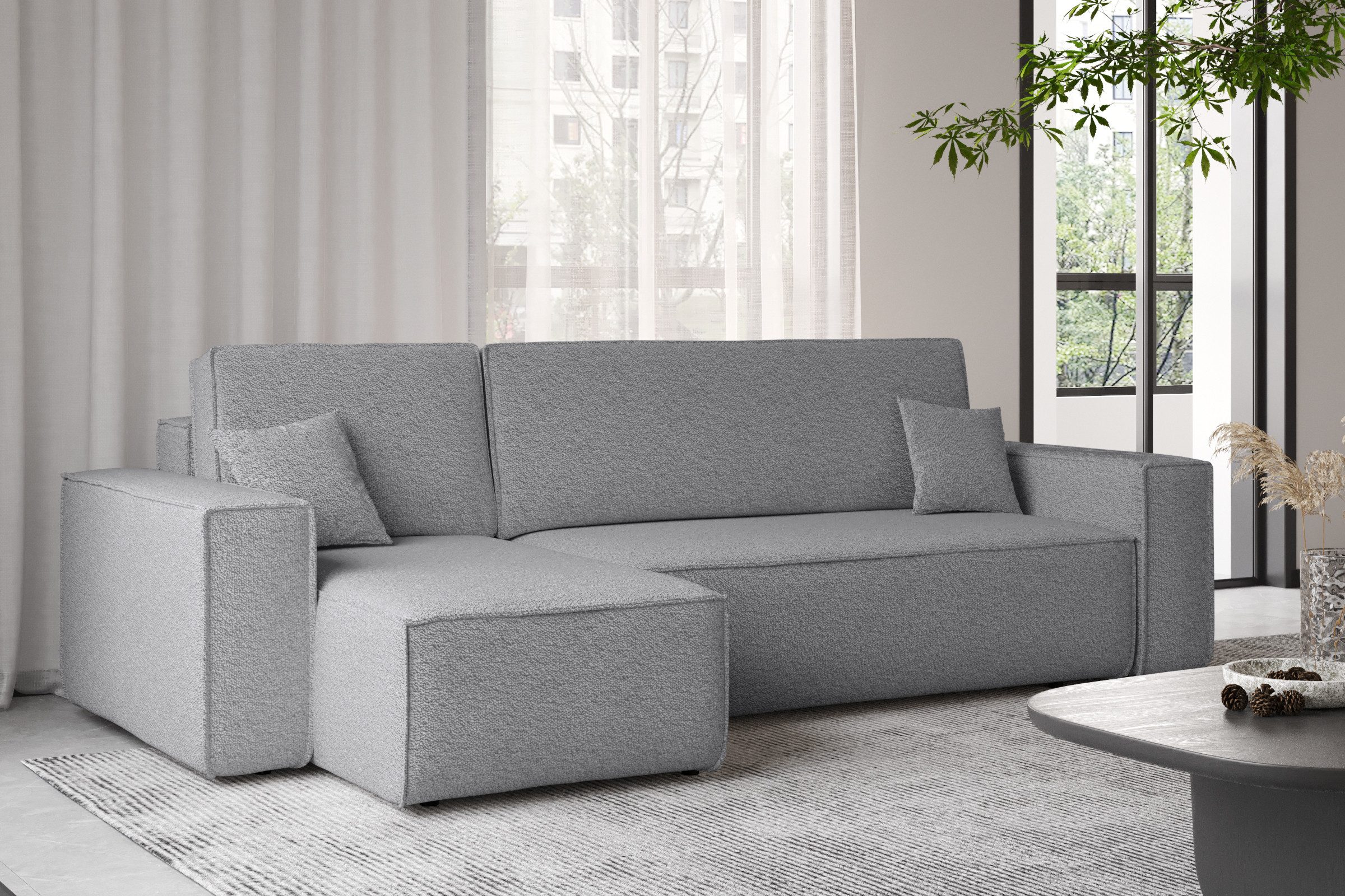 yourhouse24 Ecksofa Gepolstertes KARL L-Form, Cord&Bouclé-Stoff, mit Schlaffunktion und Bettkasten, Seite universal