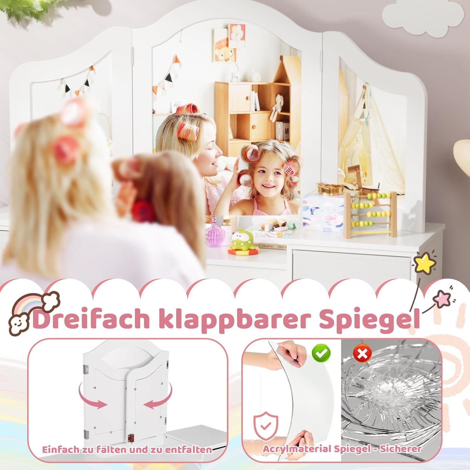 TLGREEN Schminktisch Kinderschminktisch 2 in 1,mit Abnehmbarem Spiegel (108x30x114 cm), Schminktisch Mädchen,Schreibtisch mit Hocker – Bild 4 von 5