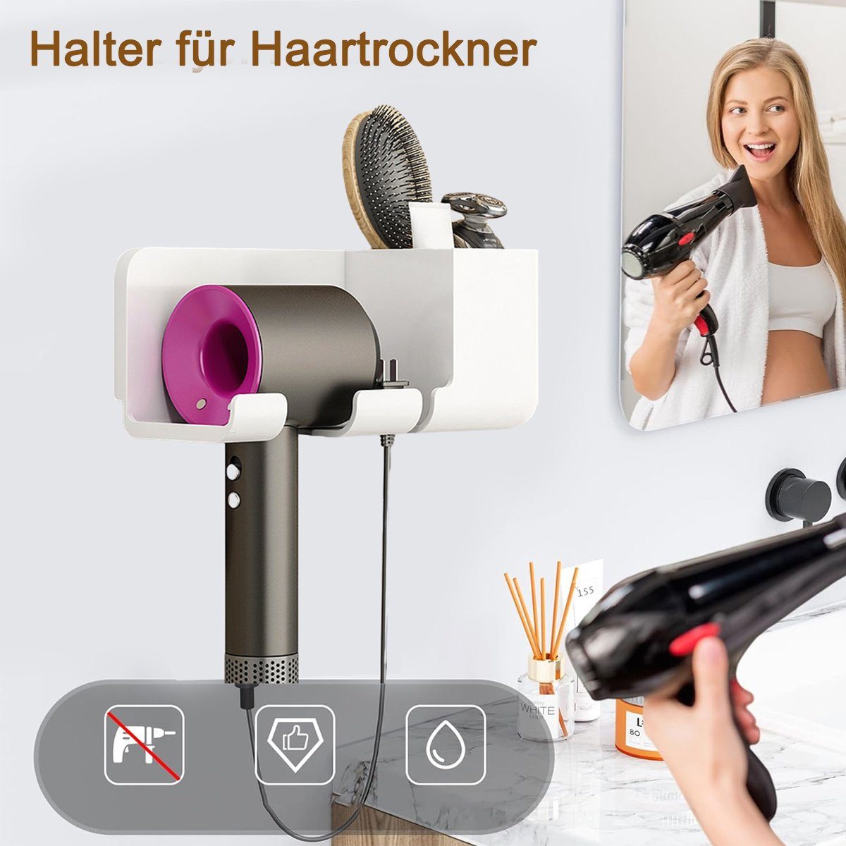 Jormftte Weiß Haartrocknerhalter Haartrockner-Halter,Wandmontage,Badezimmer-Haarwerkzeug-Organizer