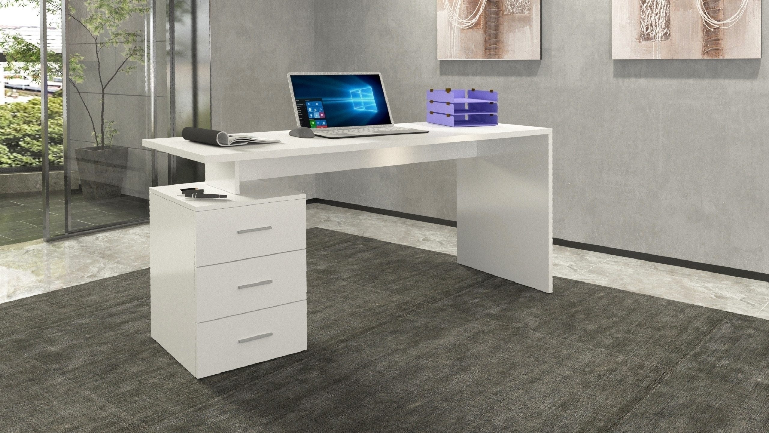 freiraum Schreibtisch Novara, in Weiß Hochglanz - 160x75x60cm (BxHxT)