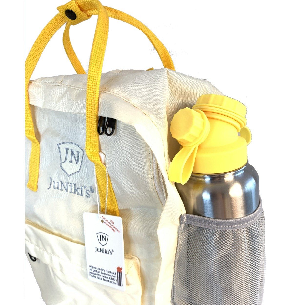 ultraleicht vergrößerten aus JuNiki's® eingesammelten (recyceltes Nachhaltig RPET Innovation: alles & Trinkflaschen mit Retro bequemen mitnehmen JN XL-Größe, aus PET-Flaschen), damit Liter Volumen, Wichtige Deiner Du kannst gebrauchten PET Seitentaschen Rucksack zum mit 1 JuNiki´s Transportieren