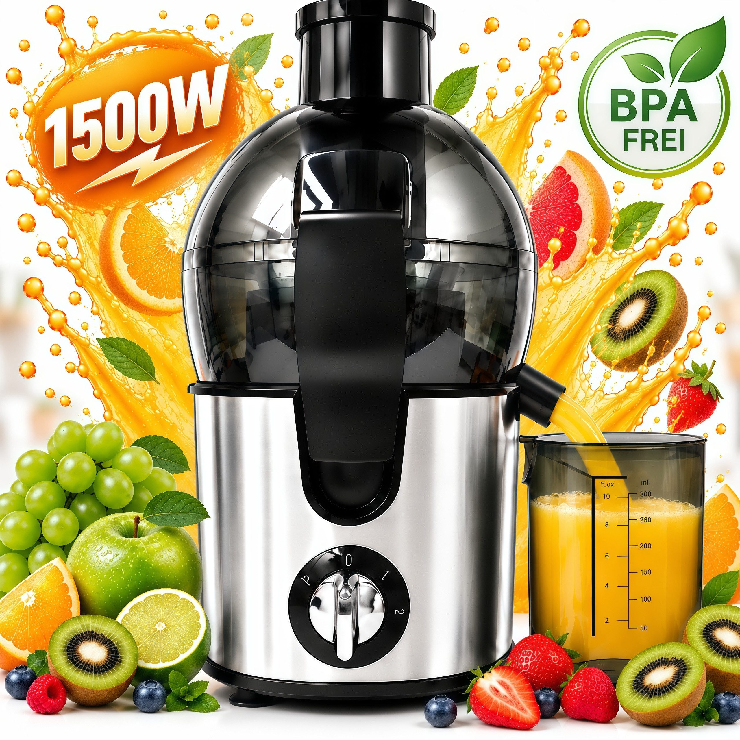 ibettertec Entsafter Slow Juicer Gemüse und Obst,Entsafter aus Edelstahl,Schnelles,BPAFrei, 1500 W, Zentrifugal-Entsafter,Füllöffnung und …