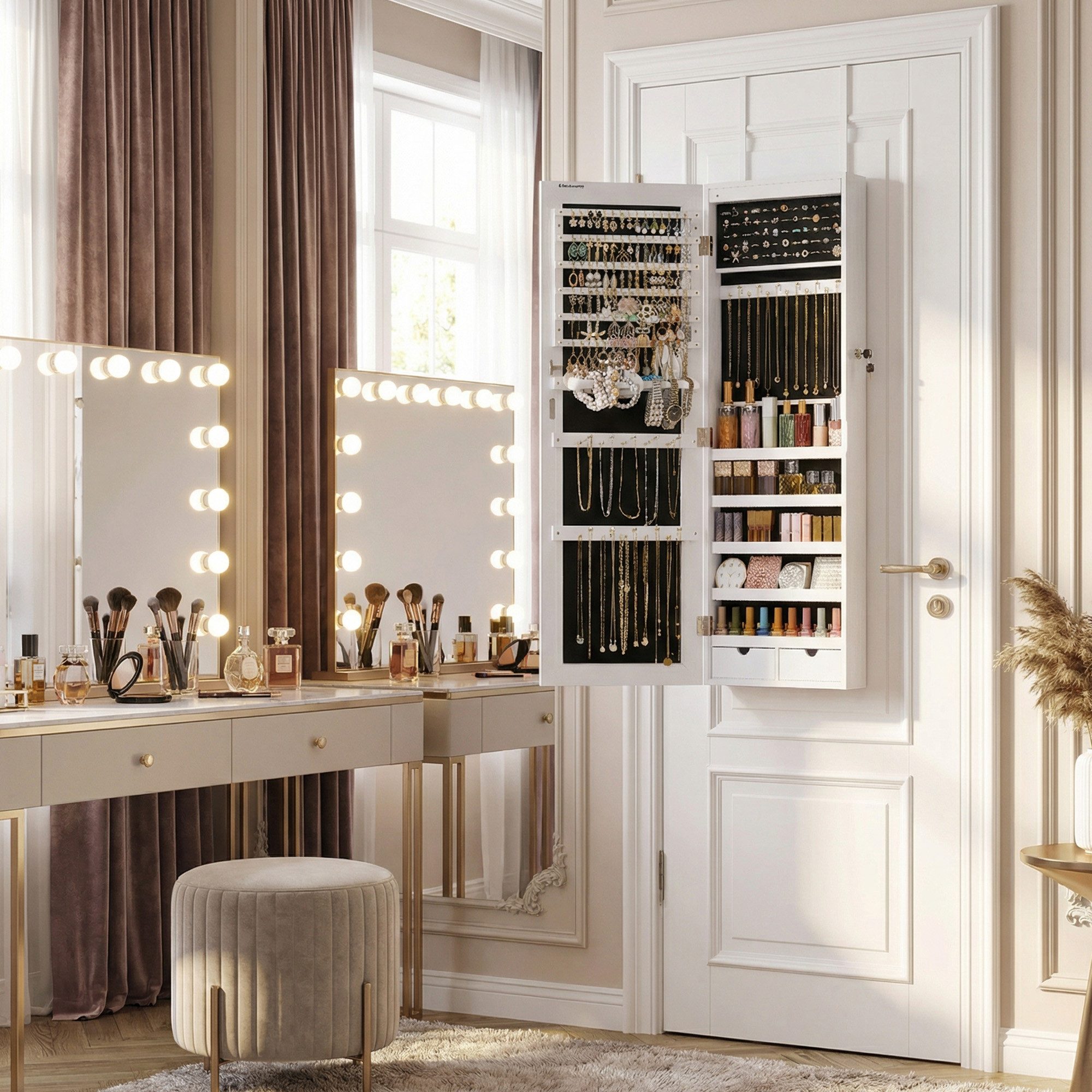 SONGMICS Schmuckschrank mit langem Spiegel, Schmuckaufbewahrung, 2 Schubladen, 37x9,3x108 cm (mit 6 LED-Lampen) zum Aufhängen an der Tür oder zur Befestigung an der Wand, Weiß