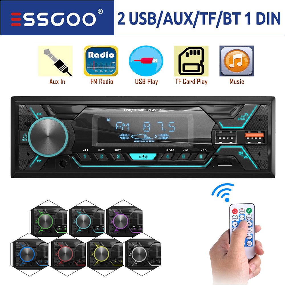 ESSGOO Autoradio 1 DIN Mit Bluetooth Freisprecheinrichtung FM Fernbedienung Autoradio (MP3 Radio 7 Beleuchtungsfarben)