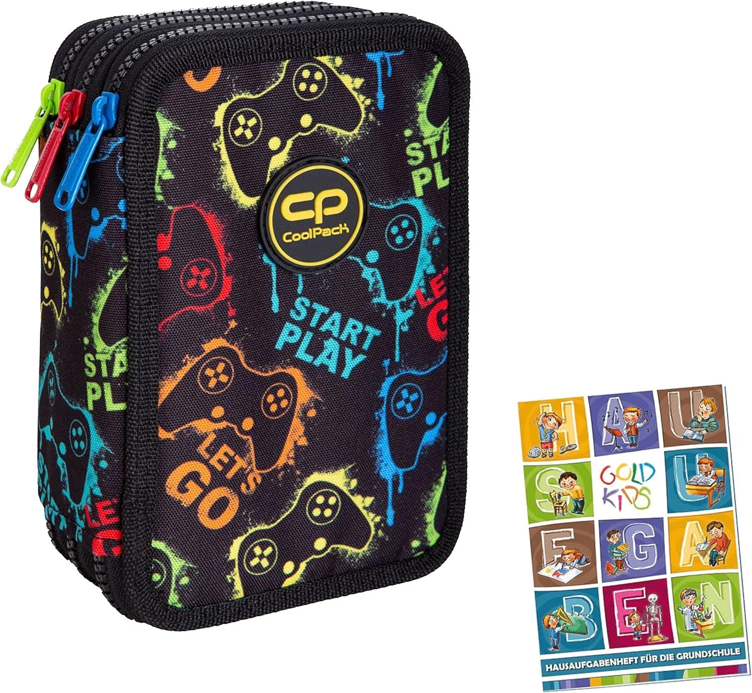 GOLDKIDS Federmäppchen Federtasche 3-fache Federmappe 46-teilig, (gefüllte Schüleretui Stifte und Pinsel, 1-tlg., inkl. Aufgabenheft Federbox Etui), Stiftetasche Schlamper-Etui Schul-Etui Xplay Pad Game