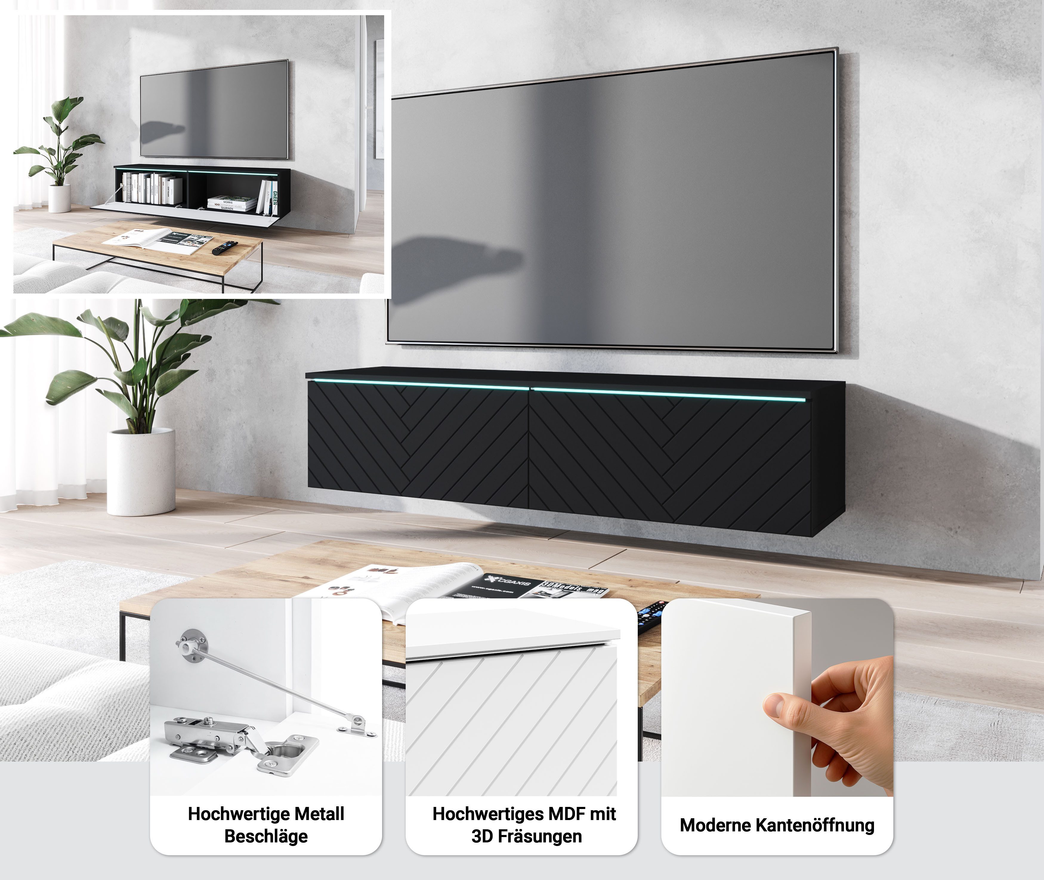 Home affaire Lowboard wahlweise mit oder ohne Beleuchtung (1 St), 140 cm TV-Board ohne Griffe, mit viel Stauraum, stehend und hängend