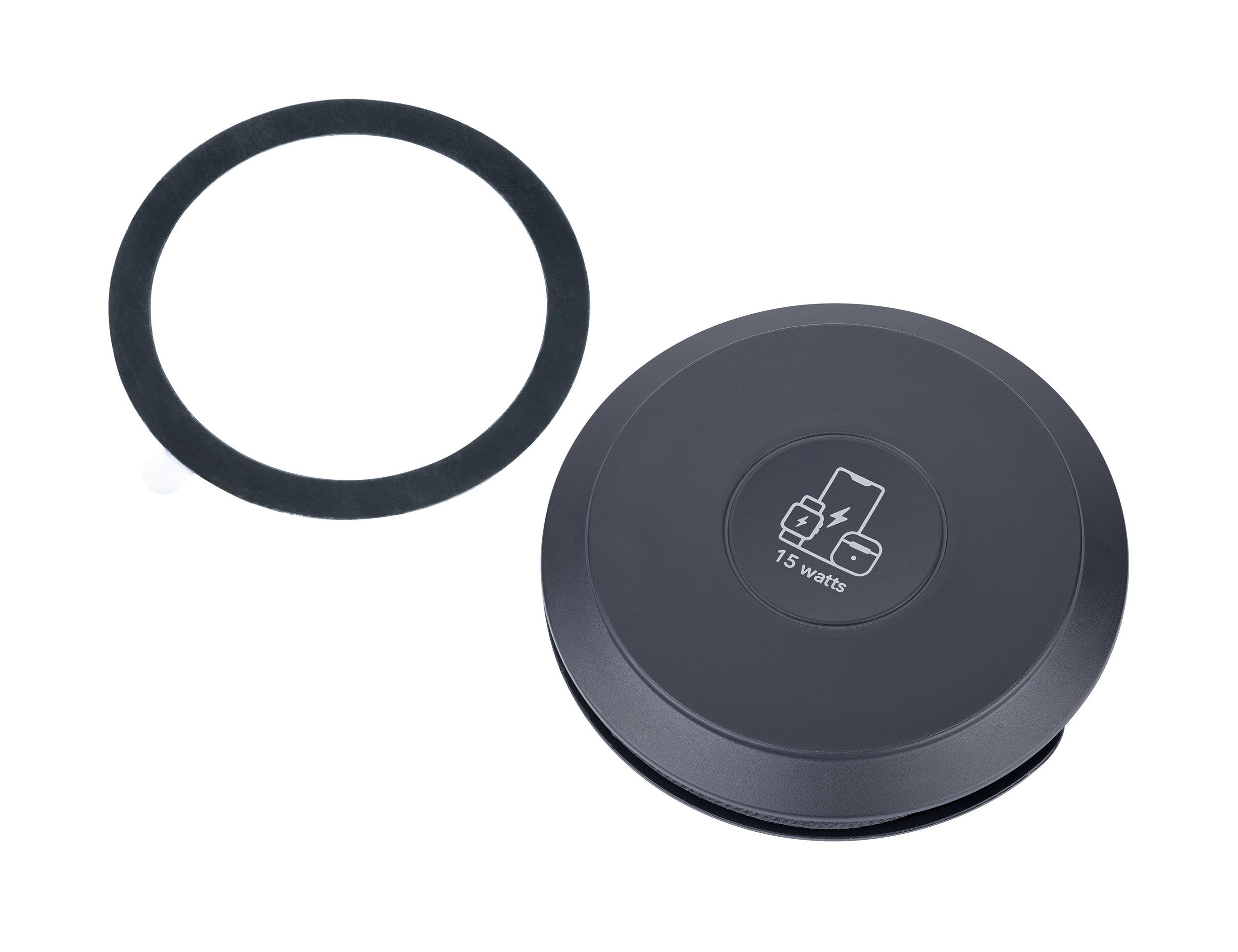 TROIKA mit MagSafe, kompatibel für iPhone, Apple Watch & AirPods Induktions-Ladegerät (1-tlg., kabelloses Laden bis 15W mit USB-C & USB-A Kabel, Metallring, schwarz)